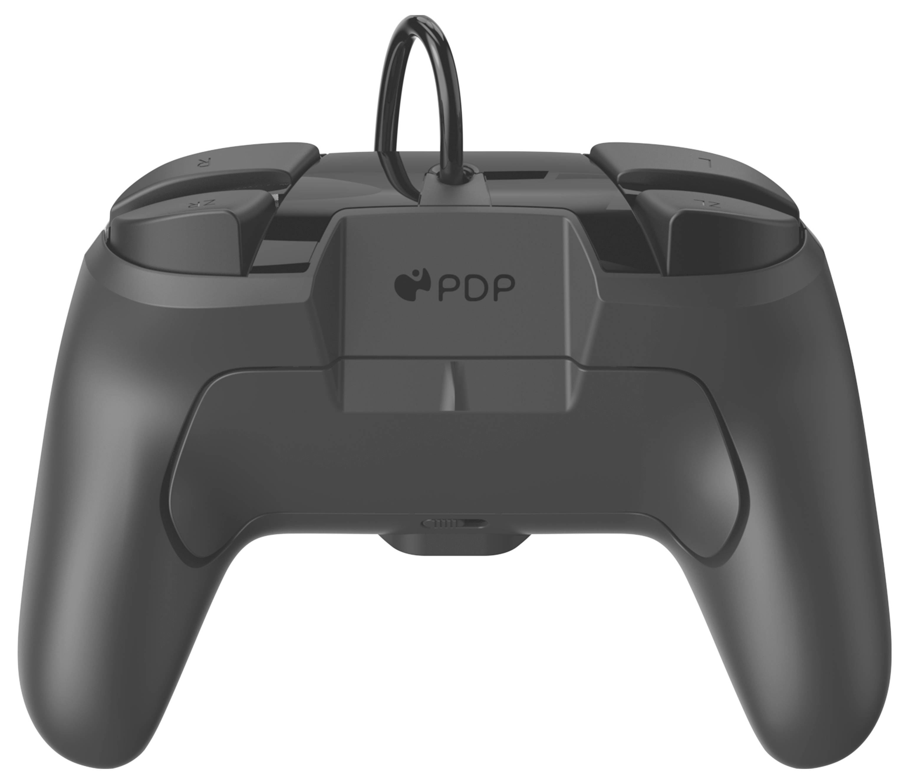 Ein schwarzer Gaming-Controller mit Kabelanschluss von der Marke PDP, aus der Rückansicht gezeigt.