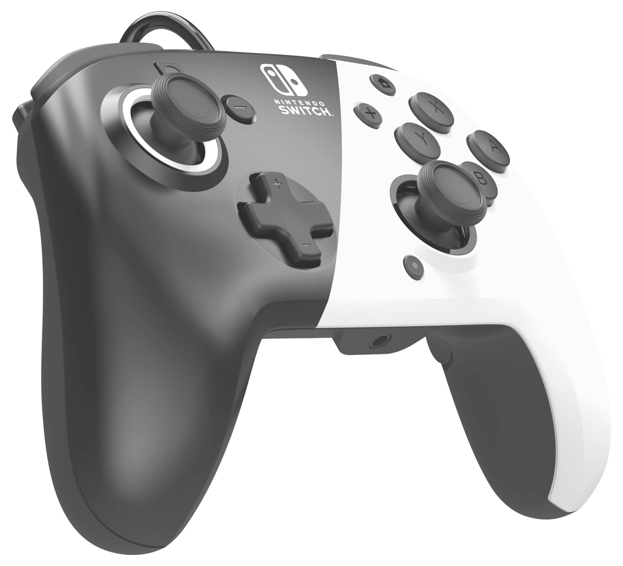 Ein zweifarbiger Videospiel-Controller mit Knöpfen und Analogsticks, geeignet für die Nintendo Switch.