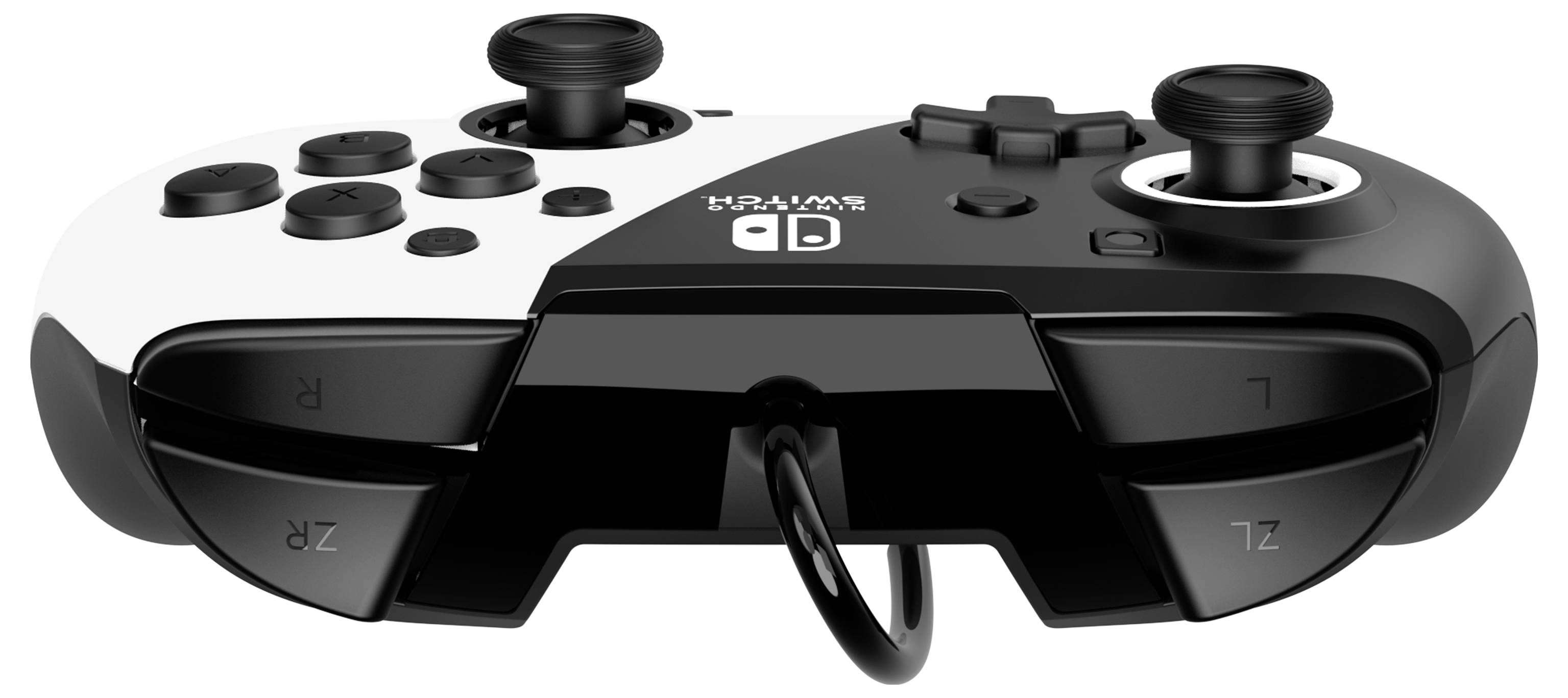 Ein zweifarbiger Gamecontroller mit schwarzen und weißen Elementen, mehreren Tasten und zwei Joysticks, von vorne gesehen.