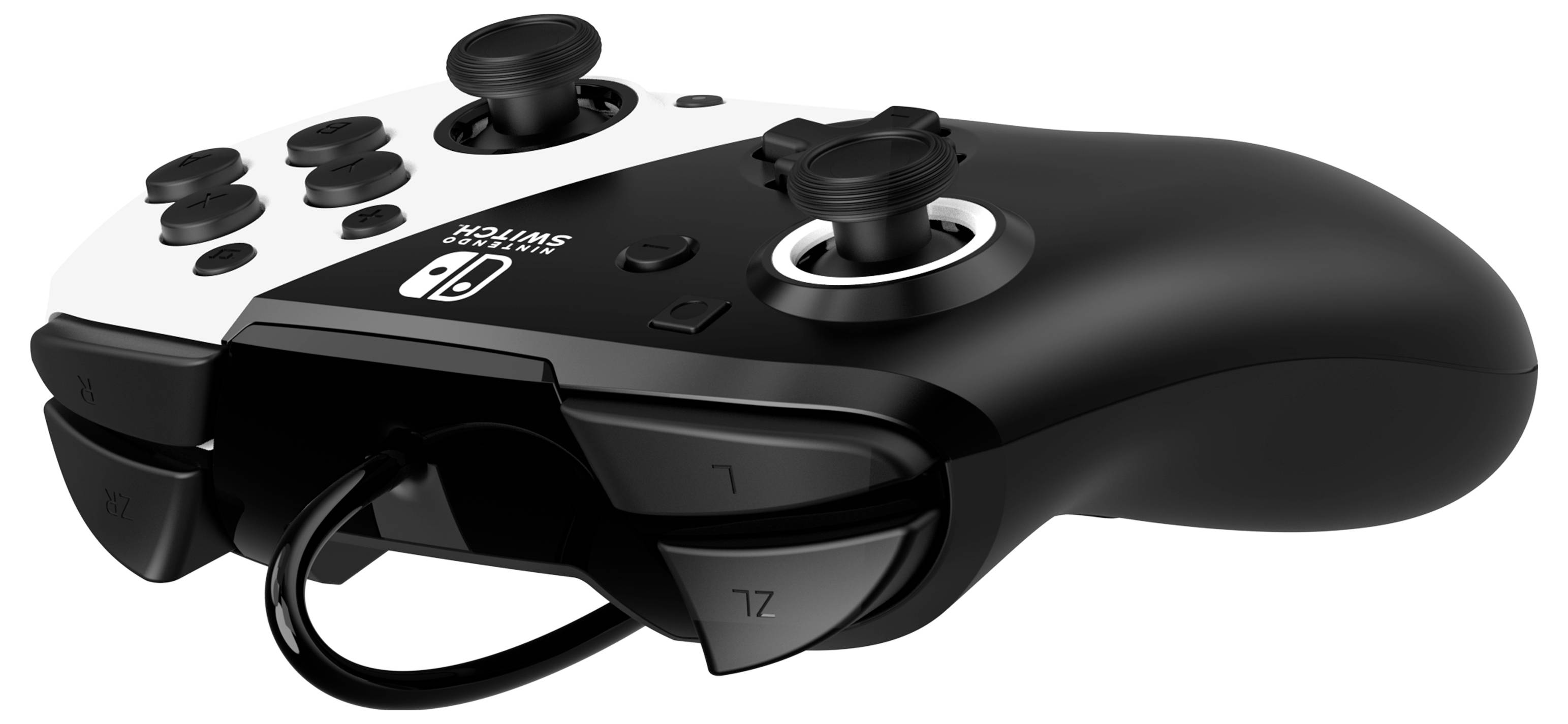 Schwarzer und weißer Videospiel-Controller mit ergonomischem Design und Kabelanschluss, genutzt für Konsolenspiele.