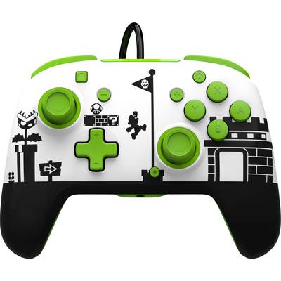 Ein Videospiel-Controller im Design eines Spiels mit grünen Knöpfen und schwarz-weißen Spielsymbolen auf der Vorderseite.