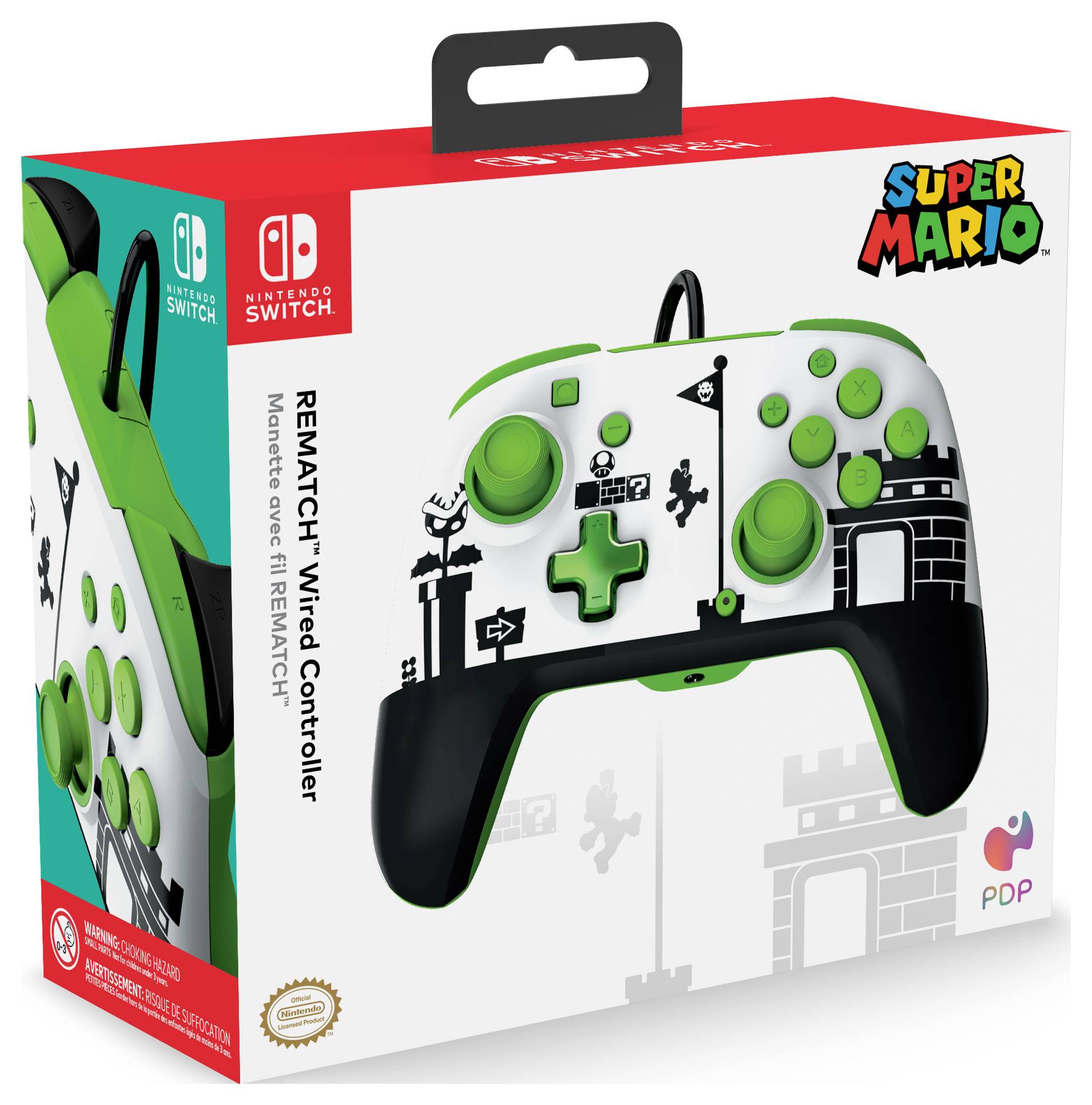 Ein Nintendo Switch Controller mit Super Mario-Design in Weiß und Grün. Die Verpackung zeigt Abbildungen des Controllers und des Spiels.