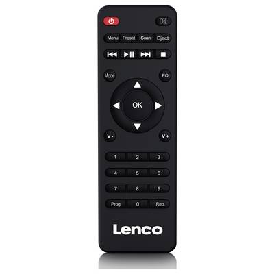 Eine schwarze Fernbedienung mit Tasten für Lautstärke, Wiedergabe, Modus und numerische Eingabe; Marke 'Lenco'.