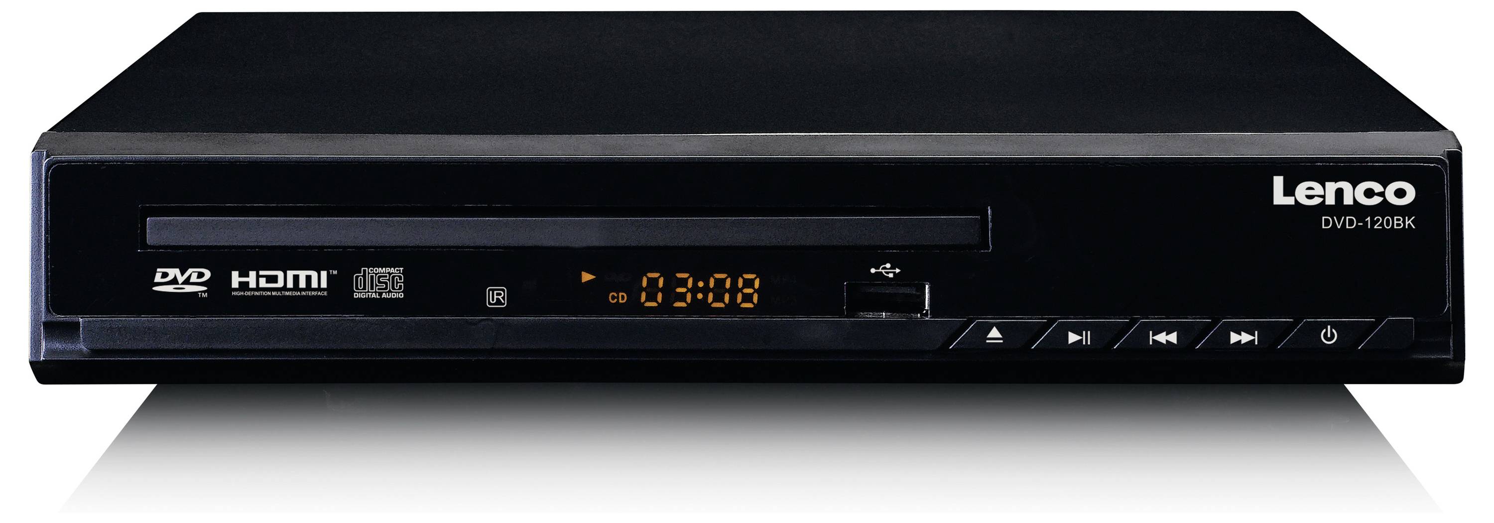 Schwarzer DVD-Player mit HDMI-Anschluss, Display zeigt '03:08', Bedientasten vorne, Markenname rechts.