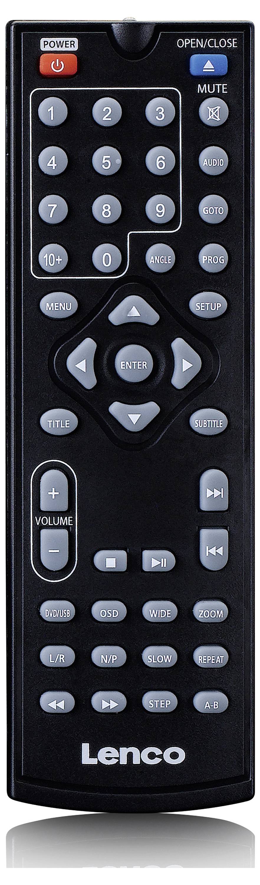 Fernbedienung mit Lenco-Logo, nummerierten Tasten, Richtungssteuerung, Lautstärkeregler und Funktionstasten wie MUTE und OPEN/CLOSE.
