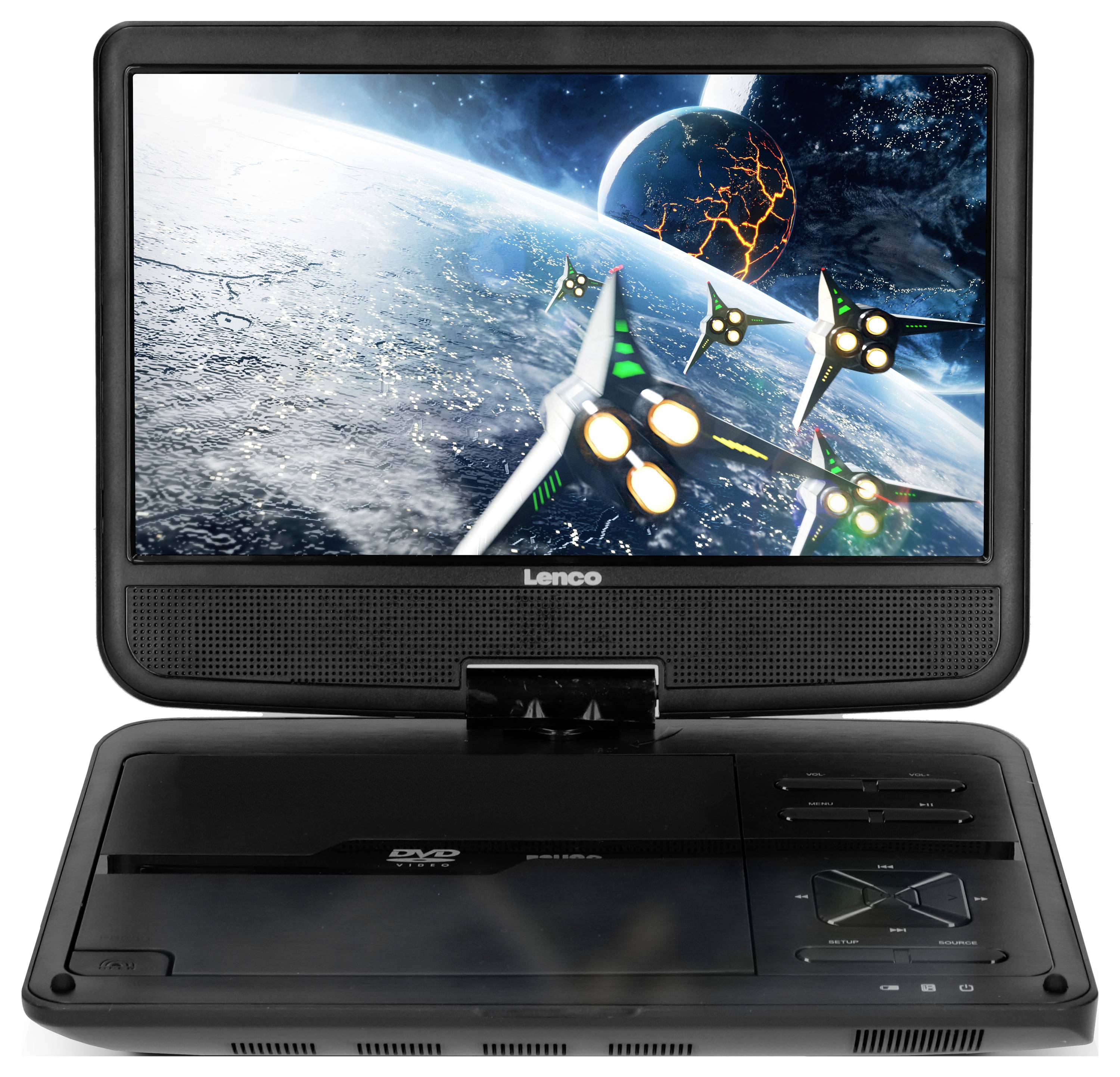 Tragbarer DVD-Player mit geöffnetem Display, das ein Weltraum-Videospiel zeigt, auf einem Tisch.