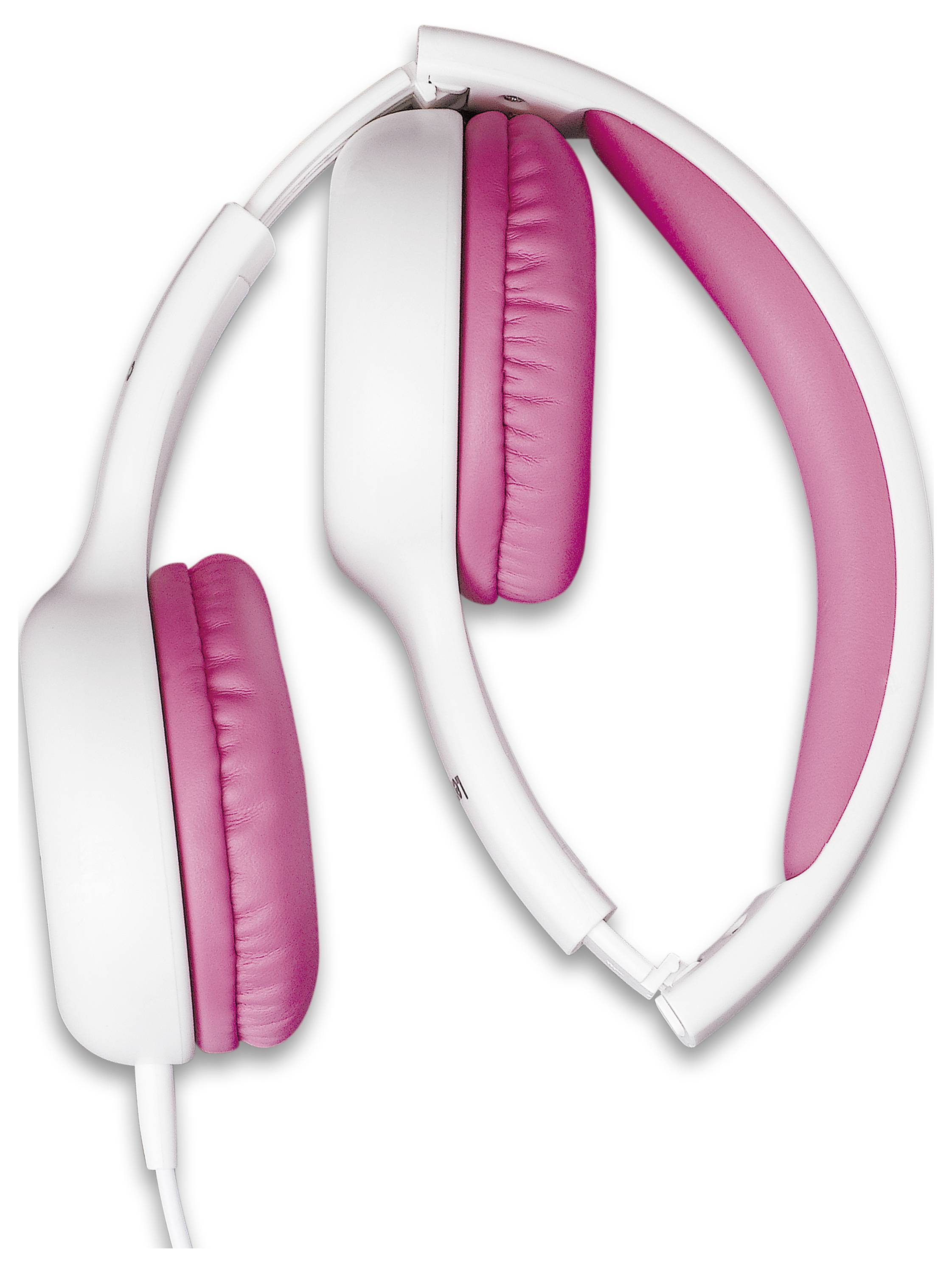 Weiße Kopfhörer mit pinken Ohrpolstern und einem pinken Kopfband, zusammengefaltet zur kompakten Aufbewahrung.