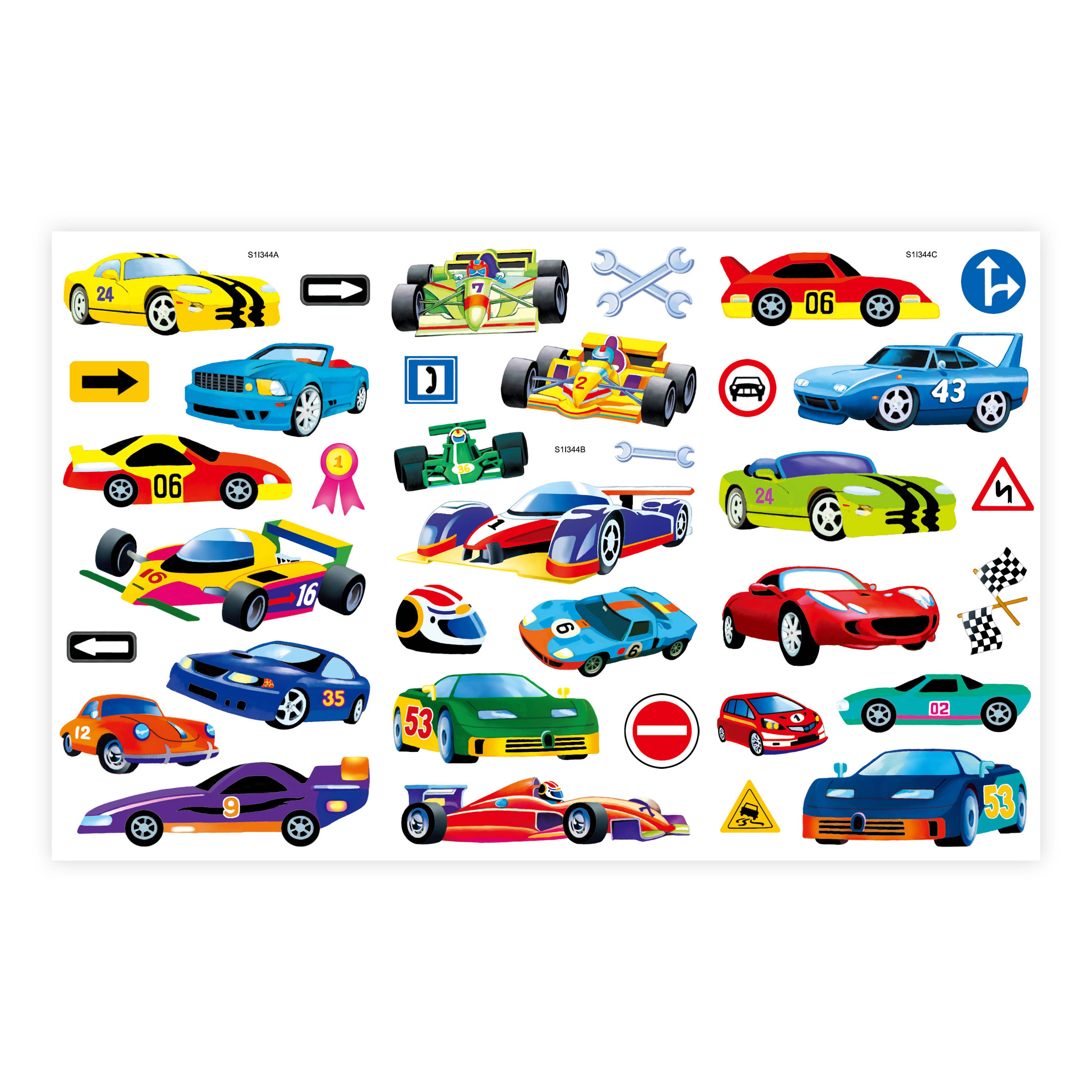 Viele bunte Spielzeug-Rennwagen in verschiedenen Modellen und Farben, umgeben von Symbolen wie Pfeilen, Schildern und Werkzeugen.