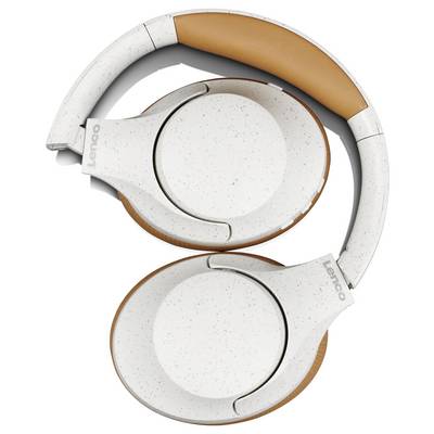 Weiße Over-Ear-Kopfhörer mit grauen Sprenkeln und braunen Lederdetails, flach zusammengelegt, Design-Marke 'Lenco' erkennbar.