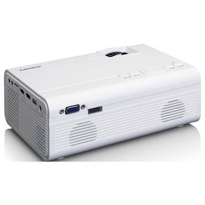Ein weißer Projektor mit mehreren Anschlüssen an der Seite, einschließlich VGA, USB und HDMI, auf einer weißen Oberfläche.