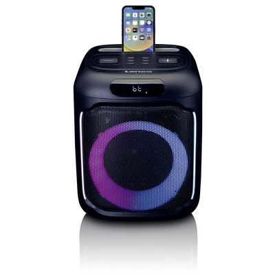 Schwarzer Lautsprecher mit LED-Leuchtringen, Bluetooth-Anzeige und oben aufgesetztem Smartphone. Ideal für Musikstreaming.