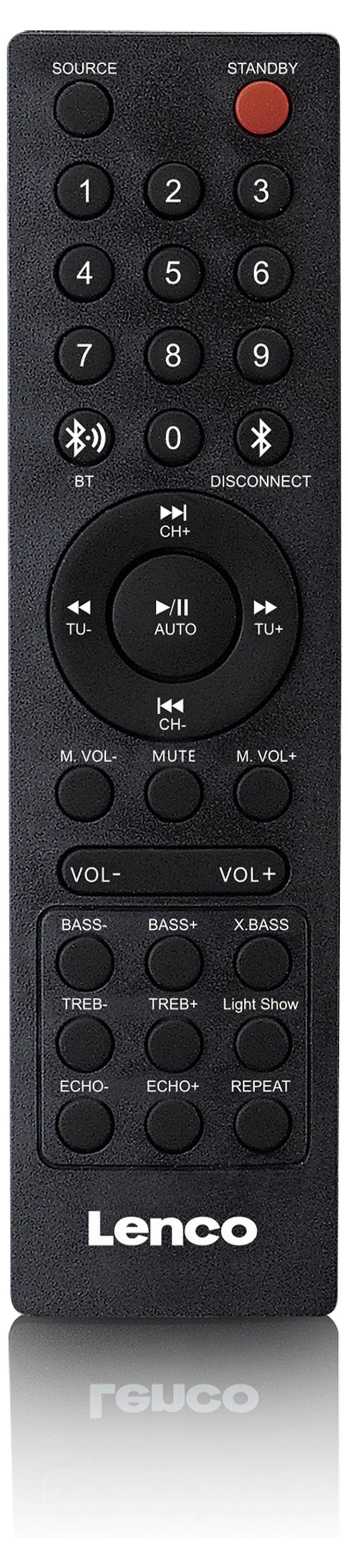 Schwarze Fernbedienung mit Tasten für Lautstärke, Bass, Höhen, Moduswechsel, Mute, und LED-Indikator. Marke 'Lenco'.