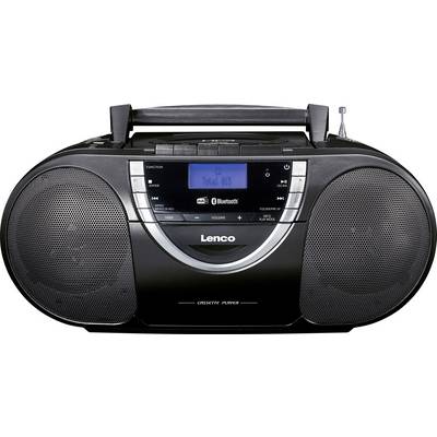 Ein schwarzer tragbarer Radiorekorder mit Bluetooth-Funktion, zwei Lautsprechern, CD-Player und digitalem Display. Markiert mit 'Lenco'.