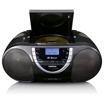 Ein tragbarer CD-Player mit Bluetooth-Funktion und Digitalanzeige auf der Vorderseite, geöffnetem CD-Fach und eingebauten Lautsprechern.