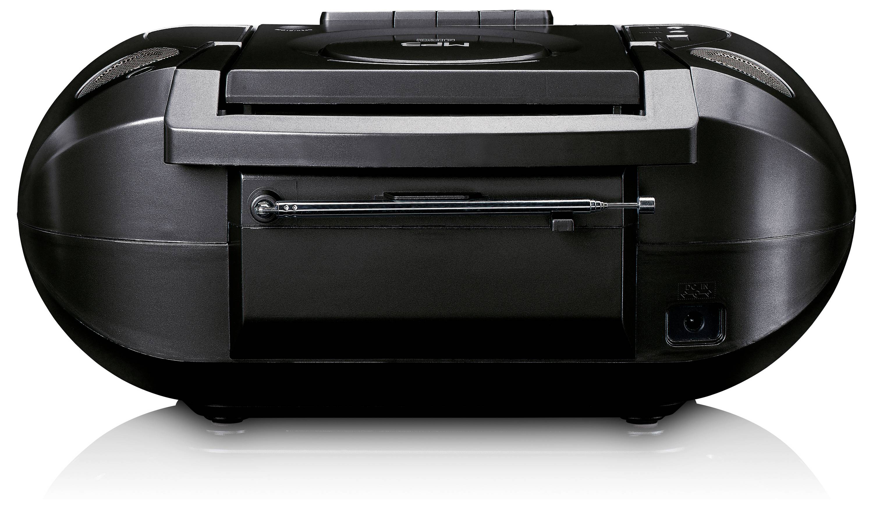 Ein schwarzer tragbarer CD-Player mit eingebauten Lautsprechern und einem Tragegriff auf der Oberseite.