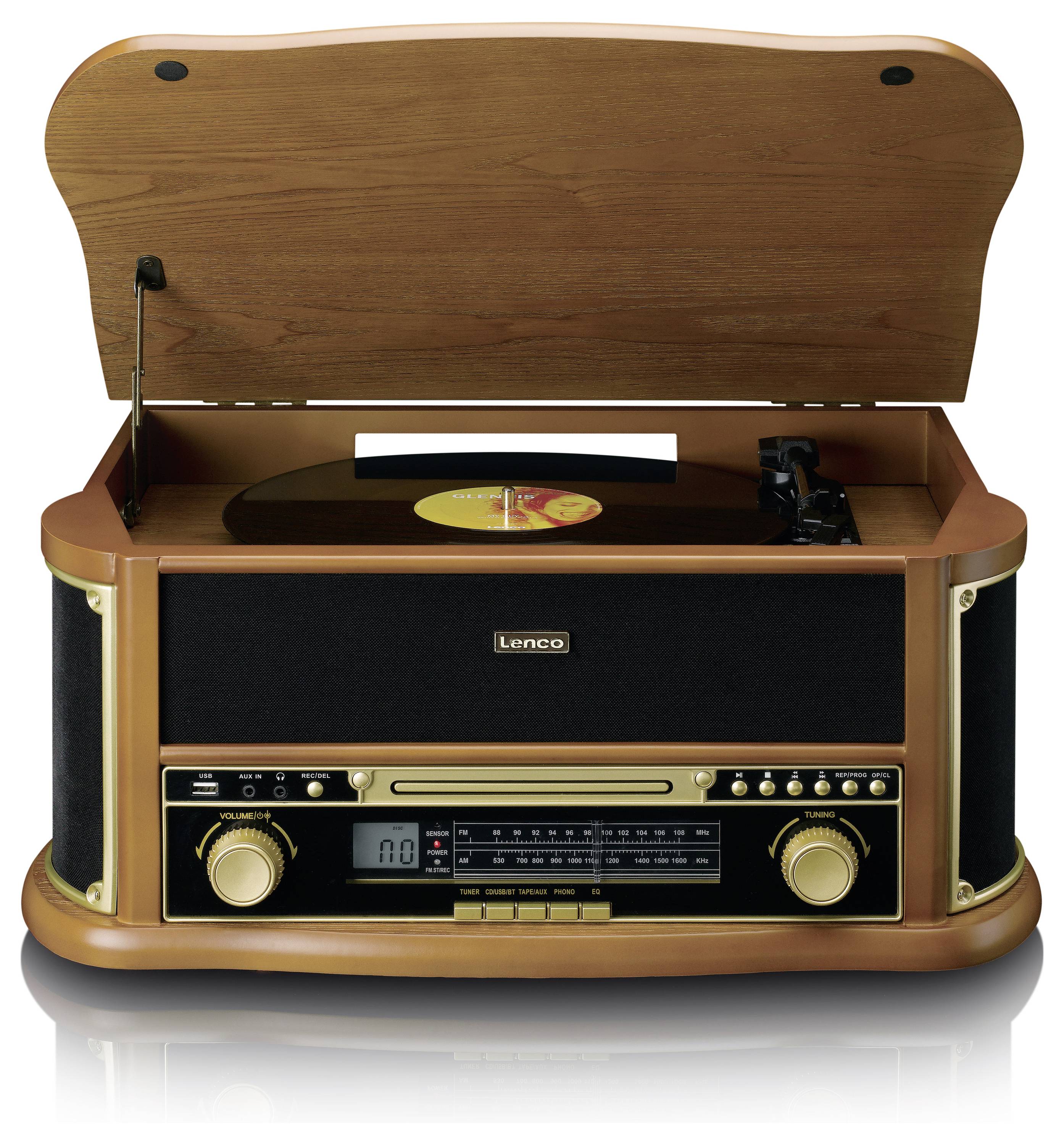 Ein Retro-Plattenspieler mit geöffnetem Holzdeckel. Eine Schallplatte spielt, darunter befinden sich Knöpfe und ein Radio.