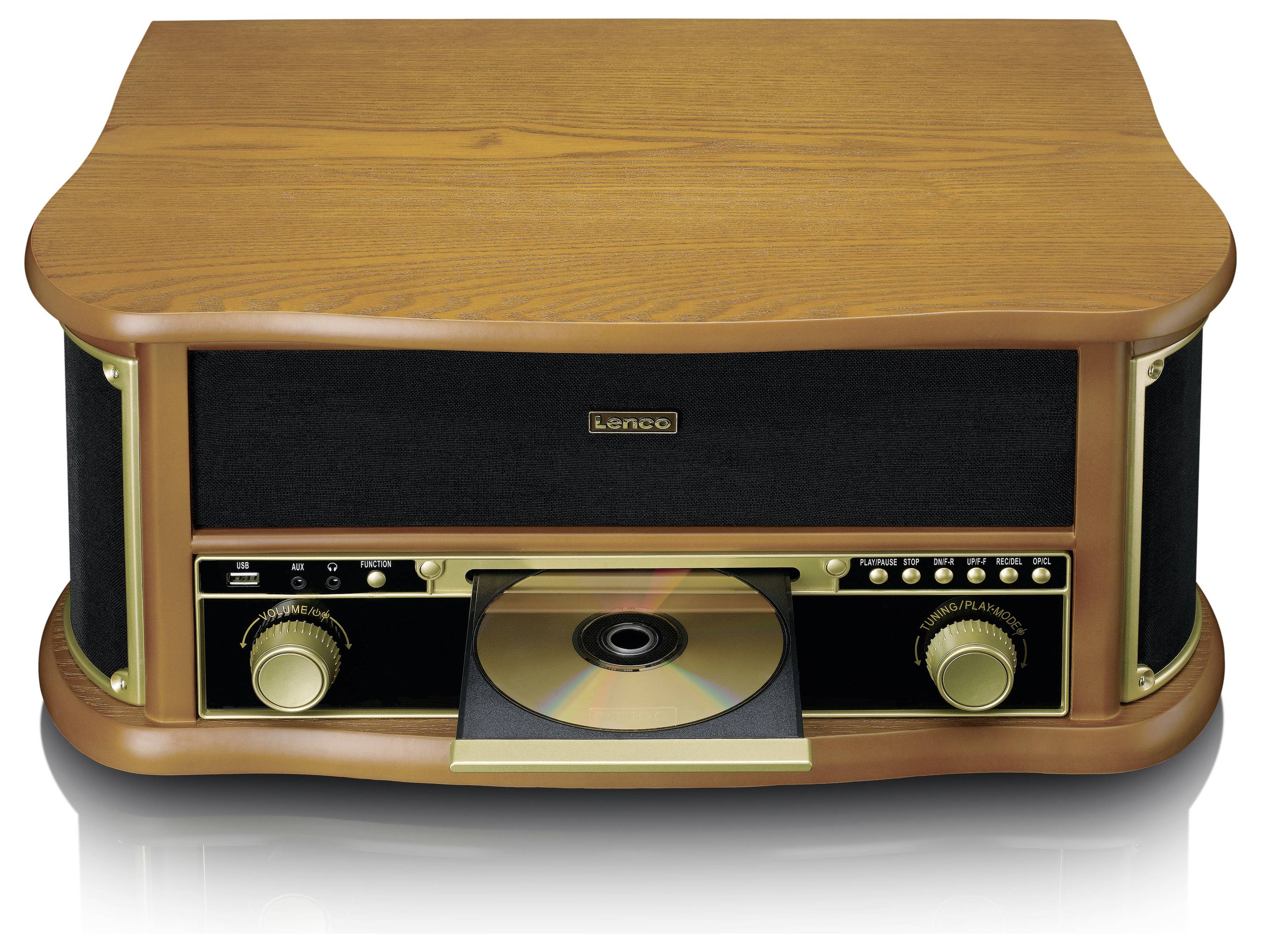 Retro-Musikanlage mit Holzgehäuse, CD-Spieler und Radio. CD-Fach ist geöffnet.