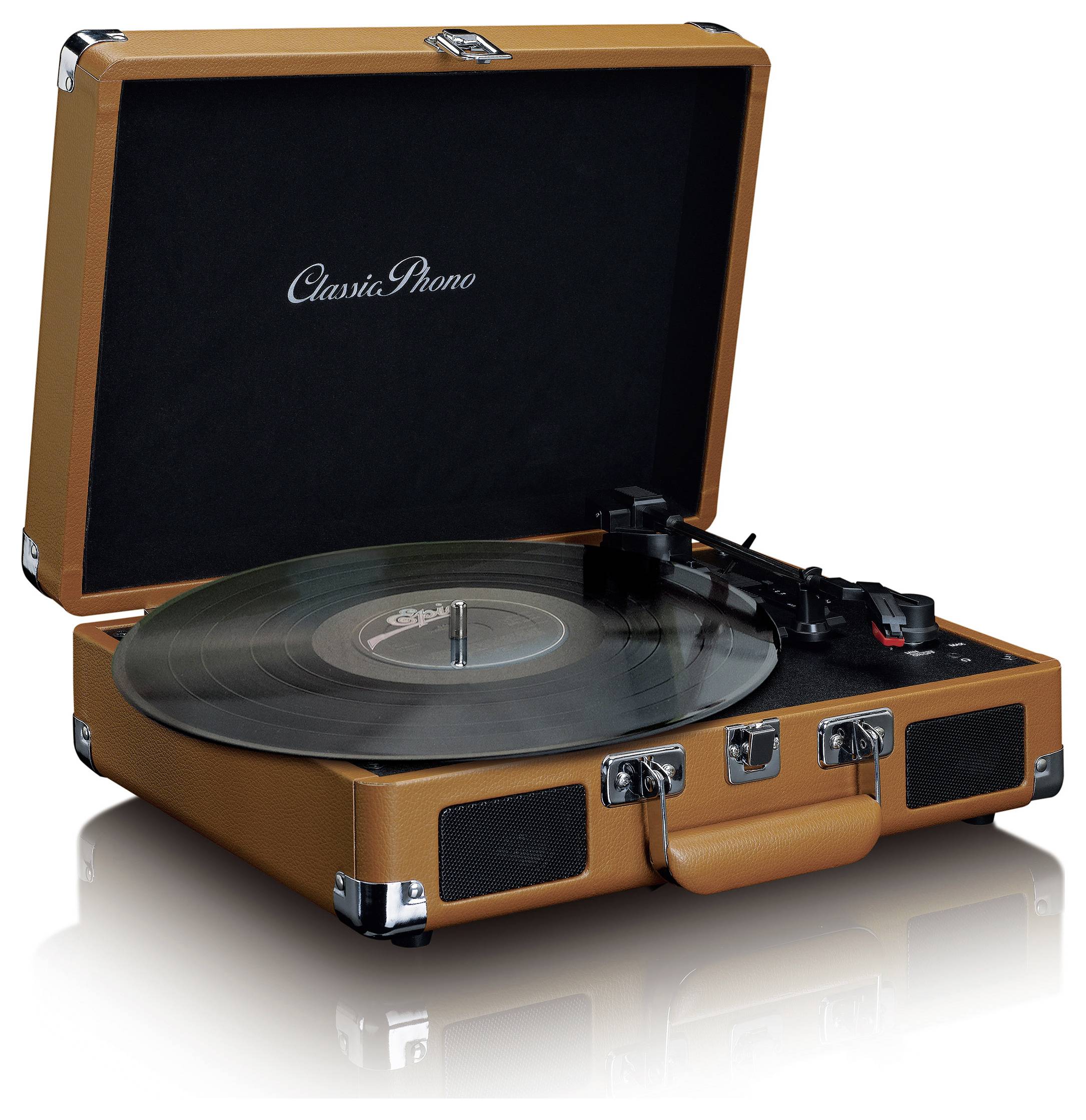 Ein tragbarer Plattenspieler in einem braunen Koffer, geöffnet mit einer LP, bereit zur Wiedergabe von Schallplatten.