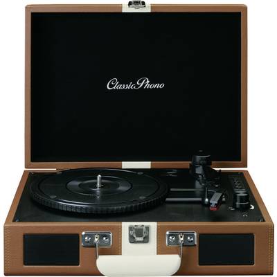 Ein offener, brauner Plattenspieler in einem Kofferdesign mit der Aufschrift 'Classic Phono' auf der Innenseite des Deckels.