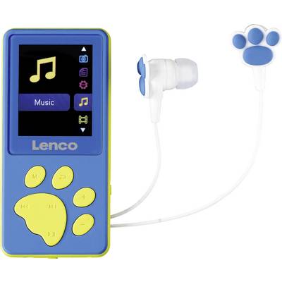 Ein blauer und gelber tragbarer Musikplayer mit einer Pfoten-Taste und einem Display, das Musikoptionen zeigt, inklusive Ohrhörern.