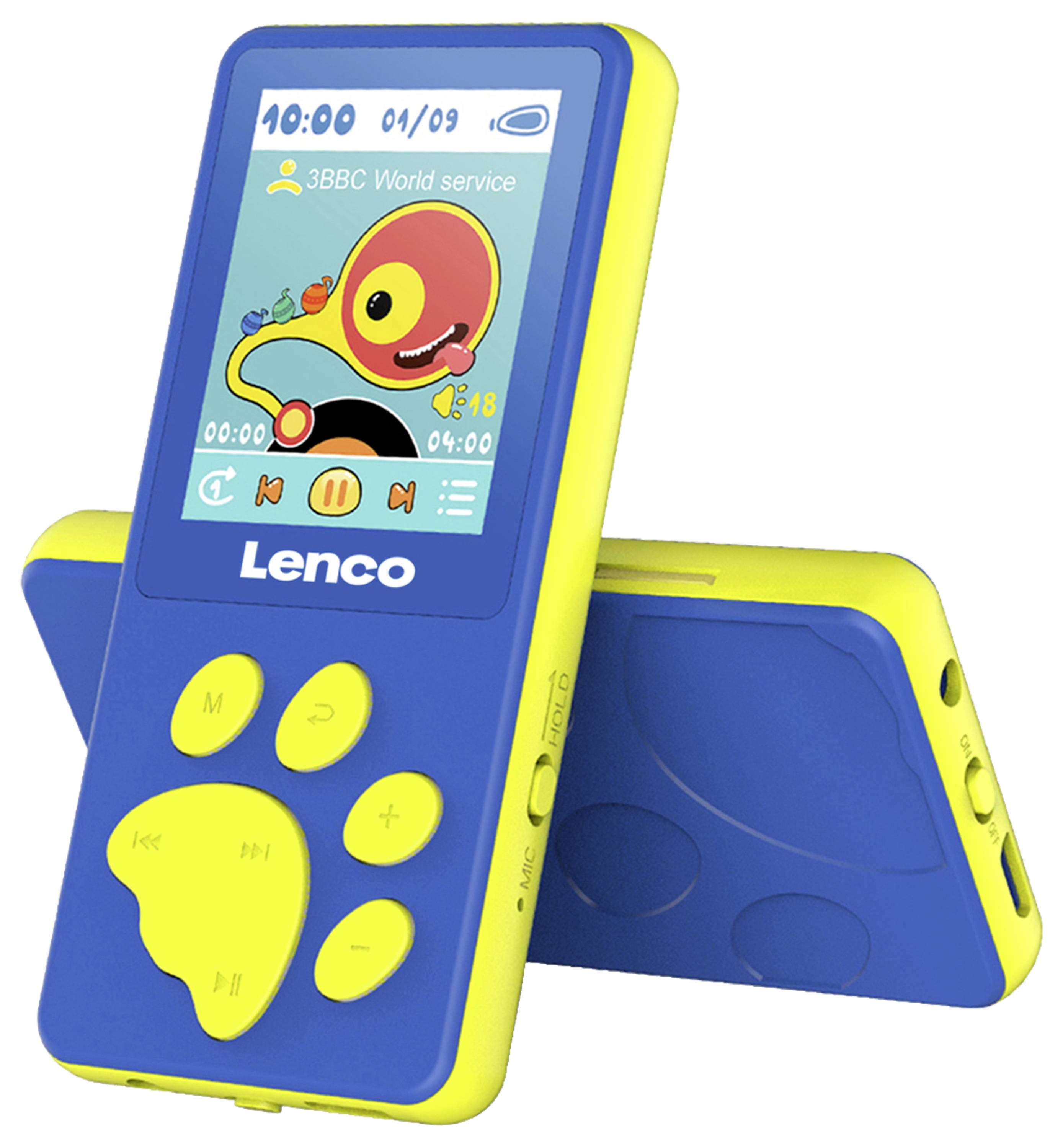 Ein blauer und gelber tragbarer MP3-Player mit einem Bildschirm, auf dem ein Cartoon-Fisch angezeigt wird. Markenname 'Lenco' unten.