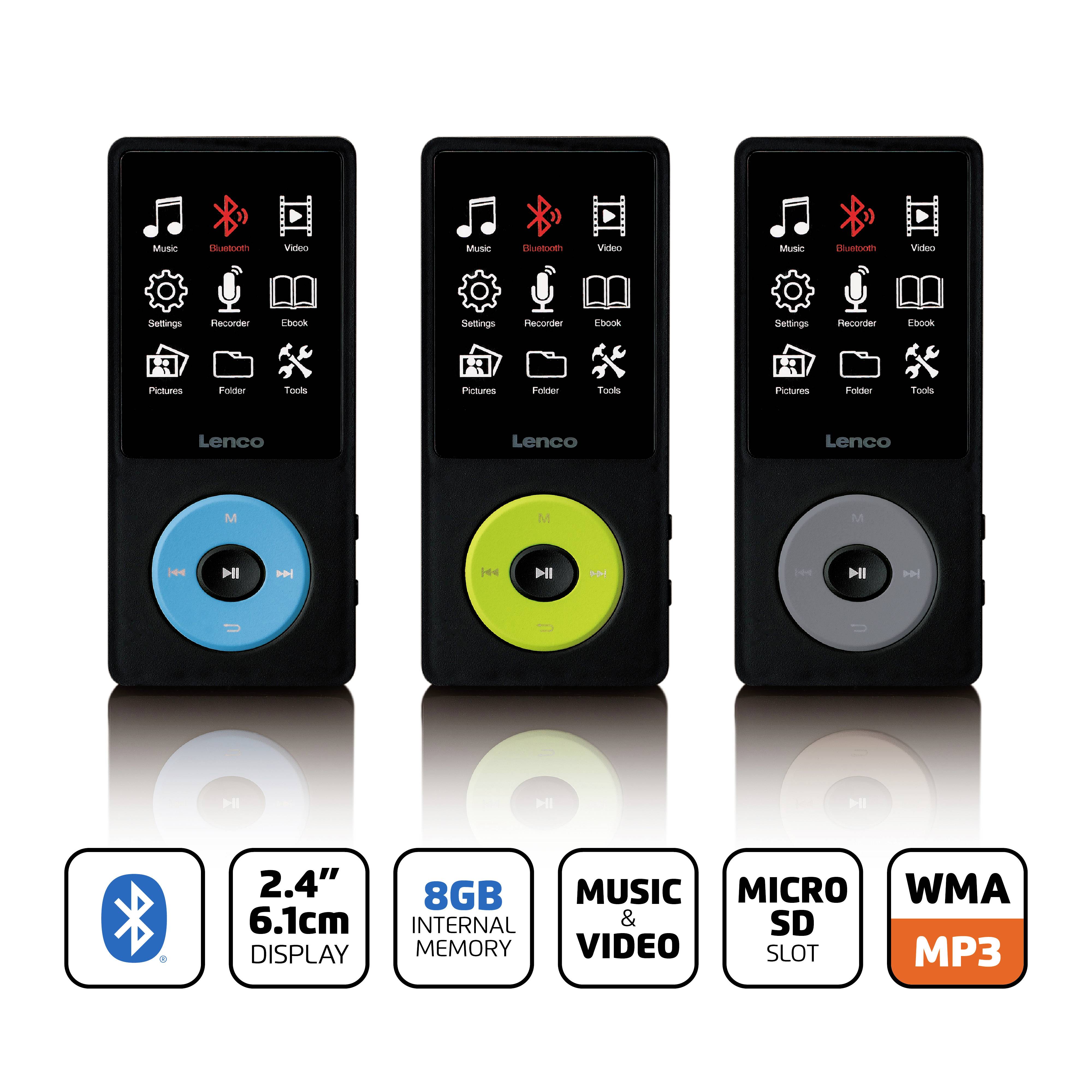 Drei tragbare Musikplayer mit 2,4-Zoll-Display, jeweils in Schwarz, Blau und Grün. Merkmale: Bluetooth, 8 GB Speicher, Micro-SD-Slot.