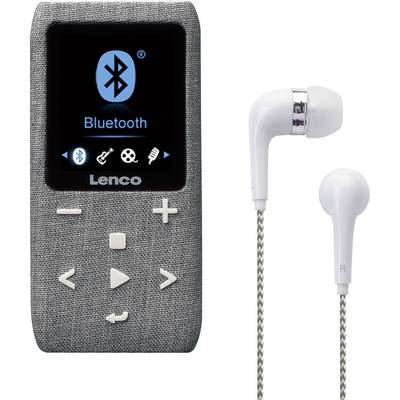 Ein tragbarer Musikplayer mit grauer Textur, Bluetooth-Anzeige und weißen Ohrhörern. Markiert mit 'Lenco' unter dem Display.