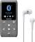 Ein tragbarer Musikplayer mit grauer Textur, Bluetooth-Anzeige und weißen Ohrhörern. Markiert mit 'Lenco' unter dem Display.