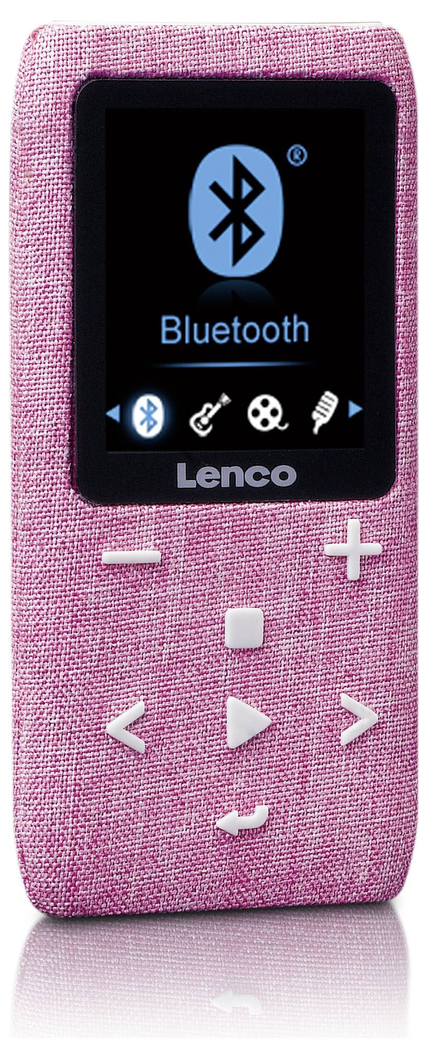 Ein rosa MP3-Player mit Bluetooth-Funktion. Auf dem Bildschirm sind Symbole für Musiksteuerung und Verbindung sichtbar.