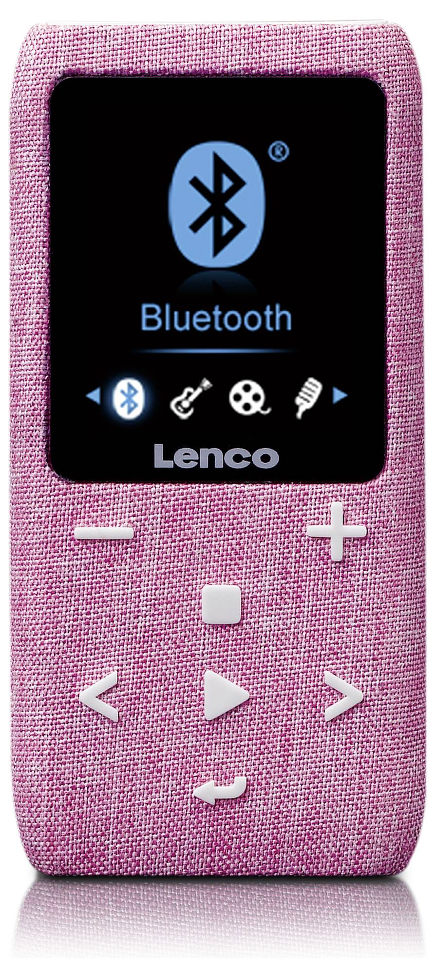 Rosa tragbarer Bluetooth-MP3-Player mit Display, das Symbole zur Musikwiedergabe und ein Bluetooth-Symbol zeigt.