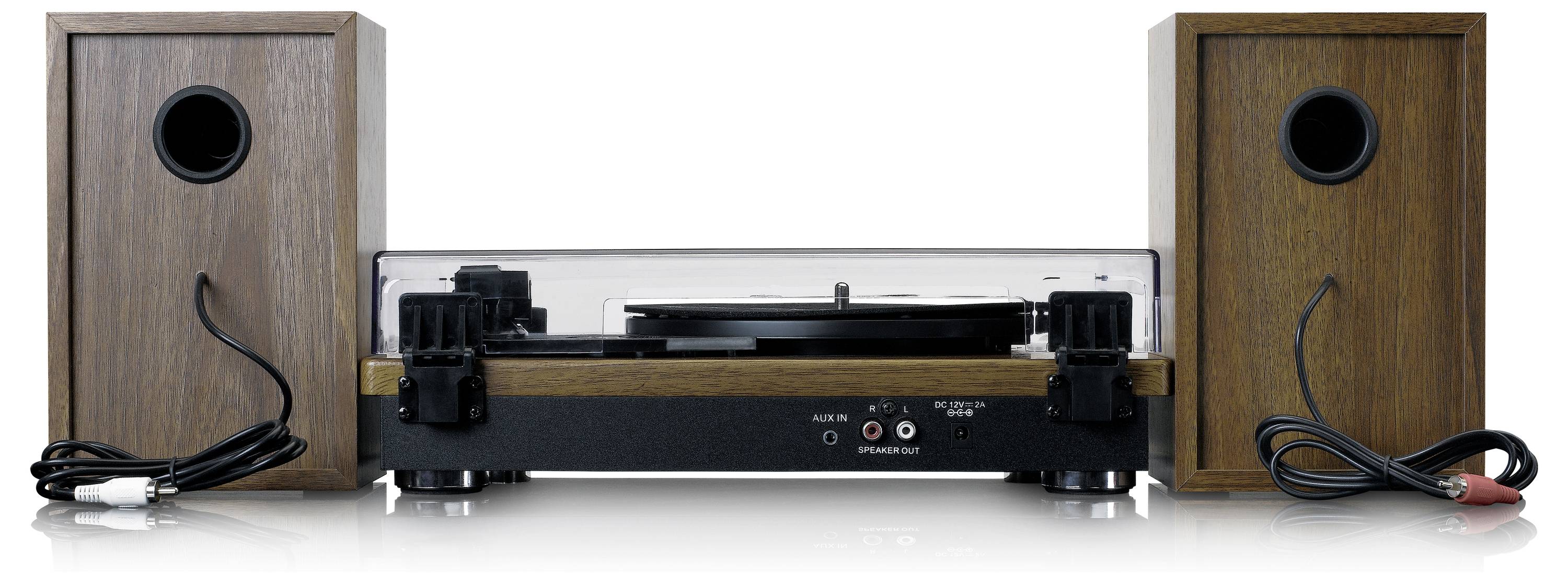 Plattenspieler mit zwei Holzblautsprechern, dargestellt auf weißem Hintergrund. Das Setup ist für die Wiedergabe von Schallplatten konzipiert.