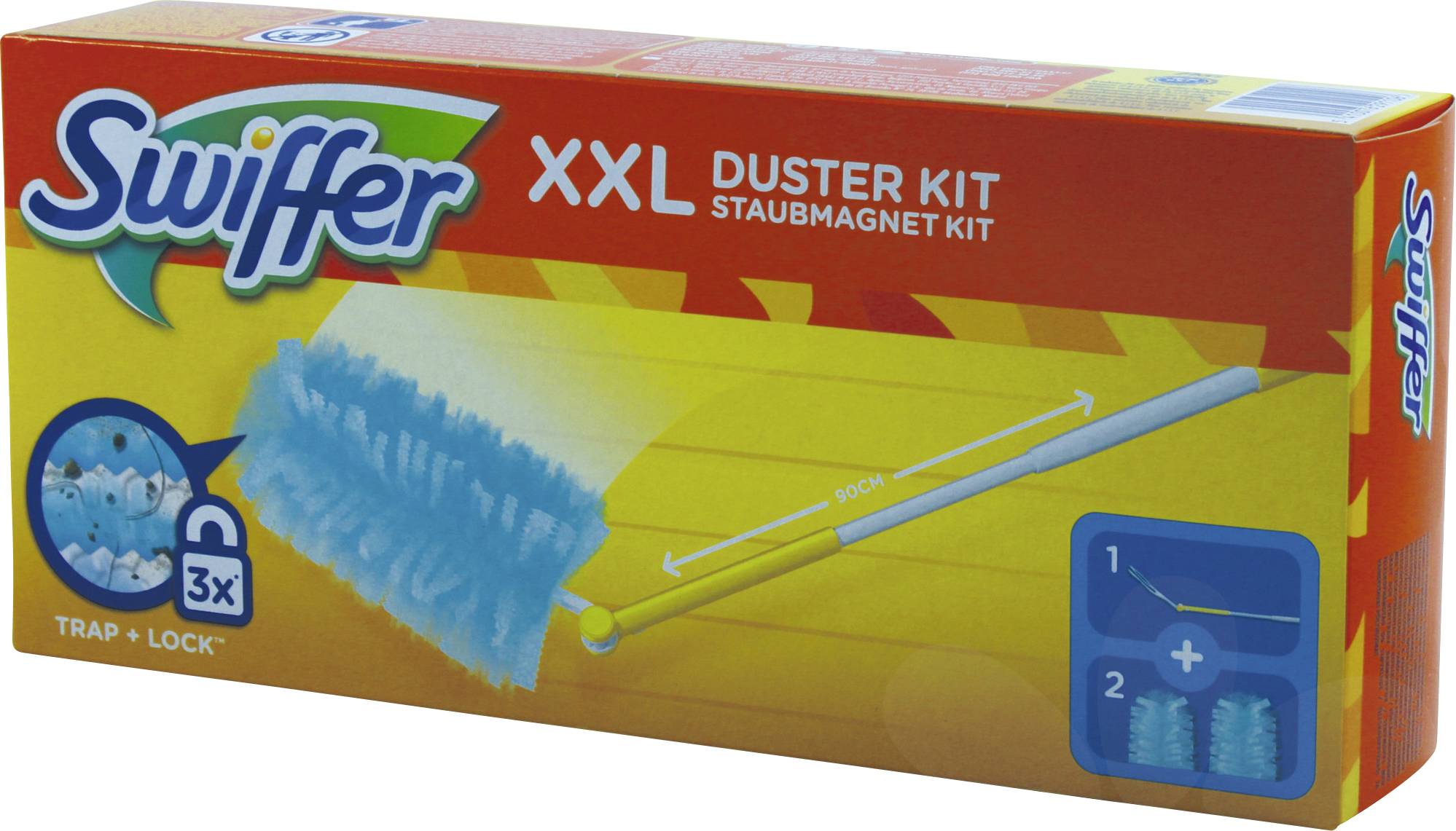 'Swiffer XXL Staubmagnet Kit' Verpackung. Zeigt den Staubmagneten und die Ersatzköpfe. Hebt die Vorteile 'Trap + Lock' und 3x Nachfüller hervor.