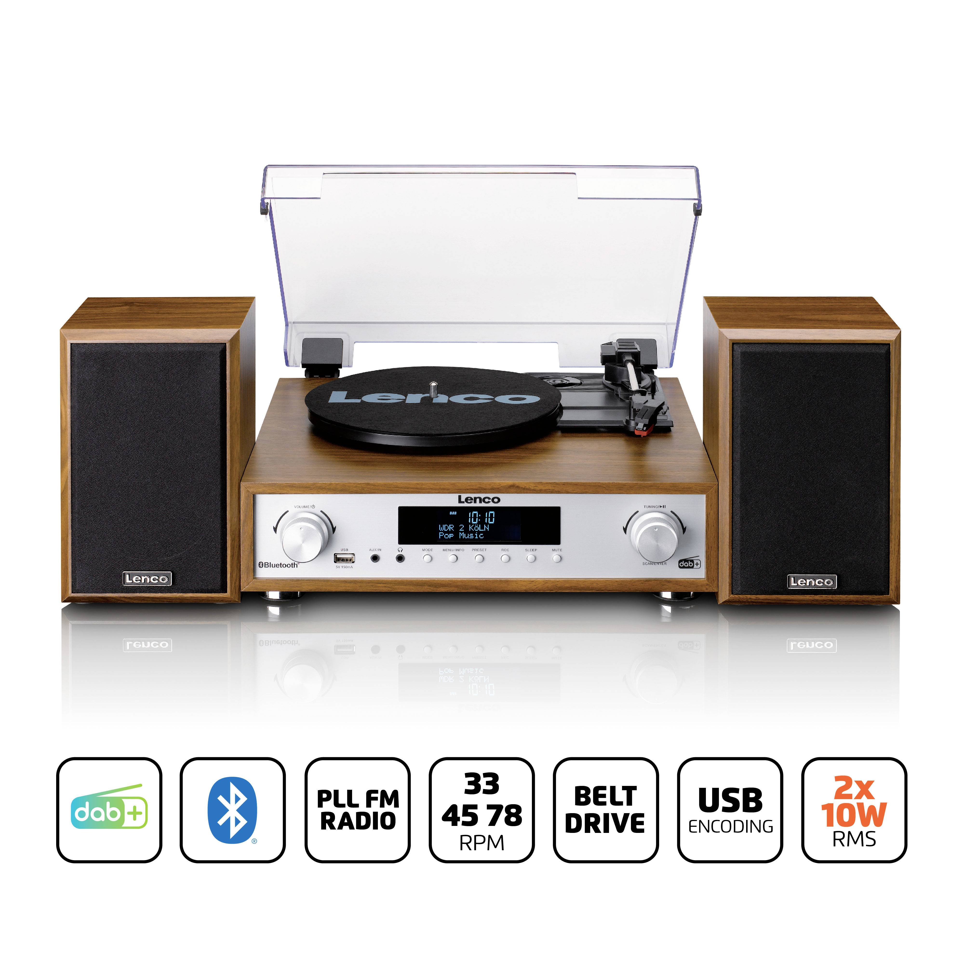 Plattenspielersystem aus Holz mit zwei Lautsprechern, digitalem Display und Bedienelementen. Unterstützt VINYL, DAB+, Bluetooth, USB.