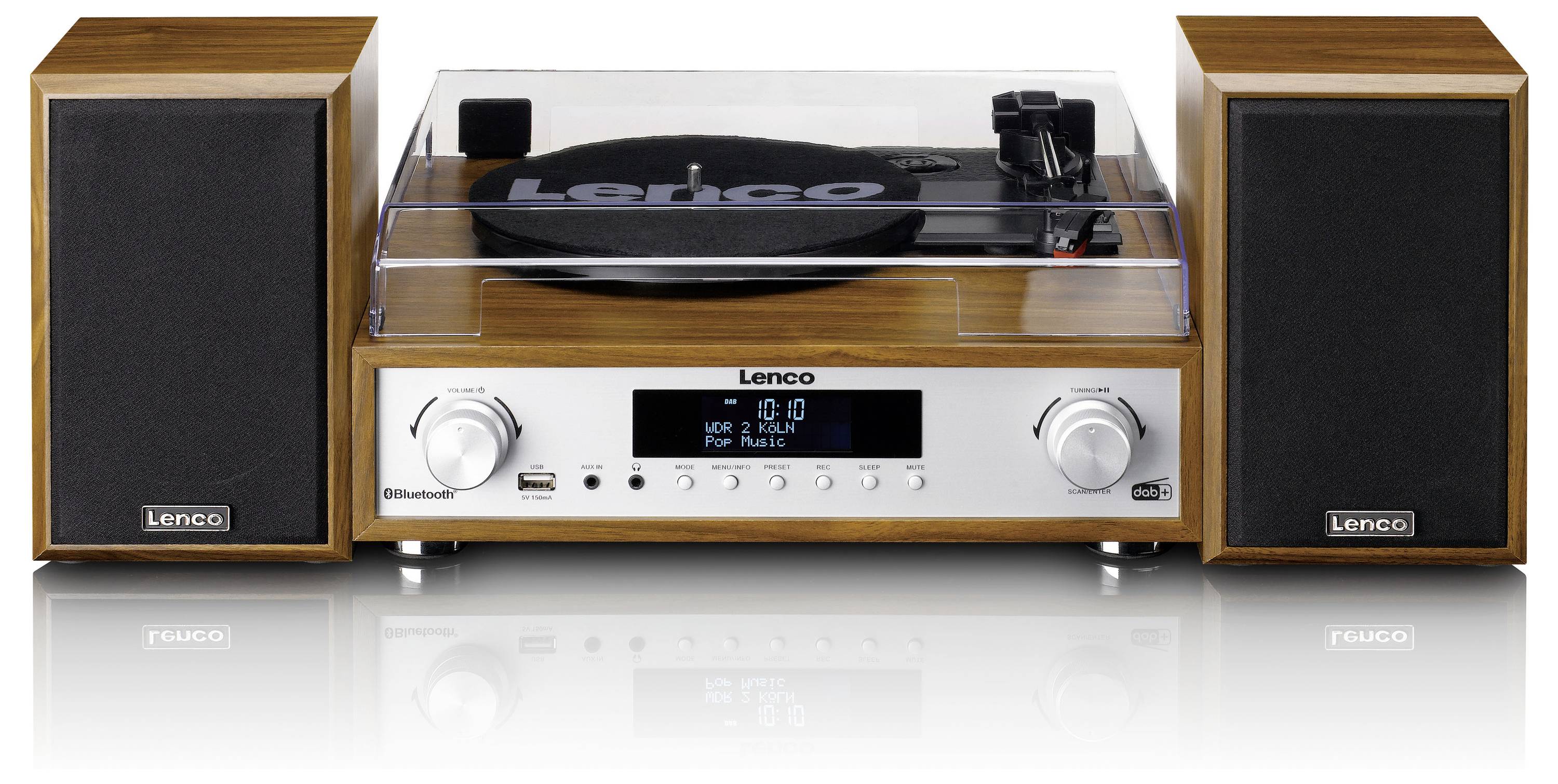 Holzplattenspieler mit zwei Lautsprechern, ausgestattet mit Bluetooth und USB-Anschluss. Display zeigt 'No Music'.