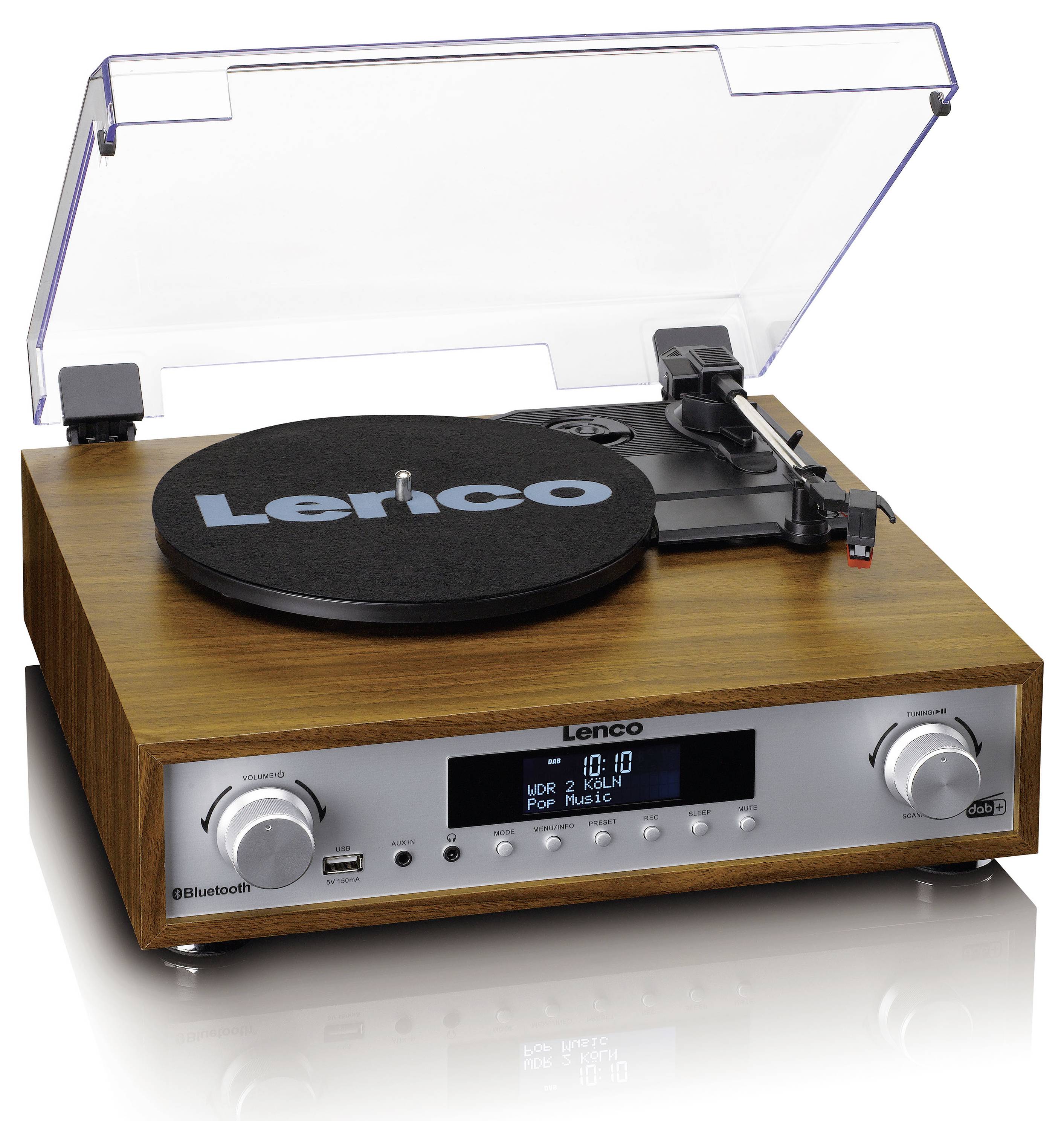 Plattenspieler mit Holzgehäuse, offenem Deckel und Lenco-Logo. Vorderseite zeigt Regler und ein Display. Verfügt über Bluetooth.