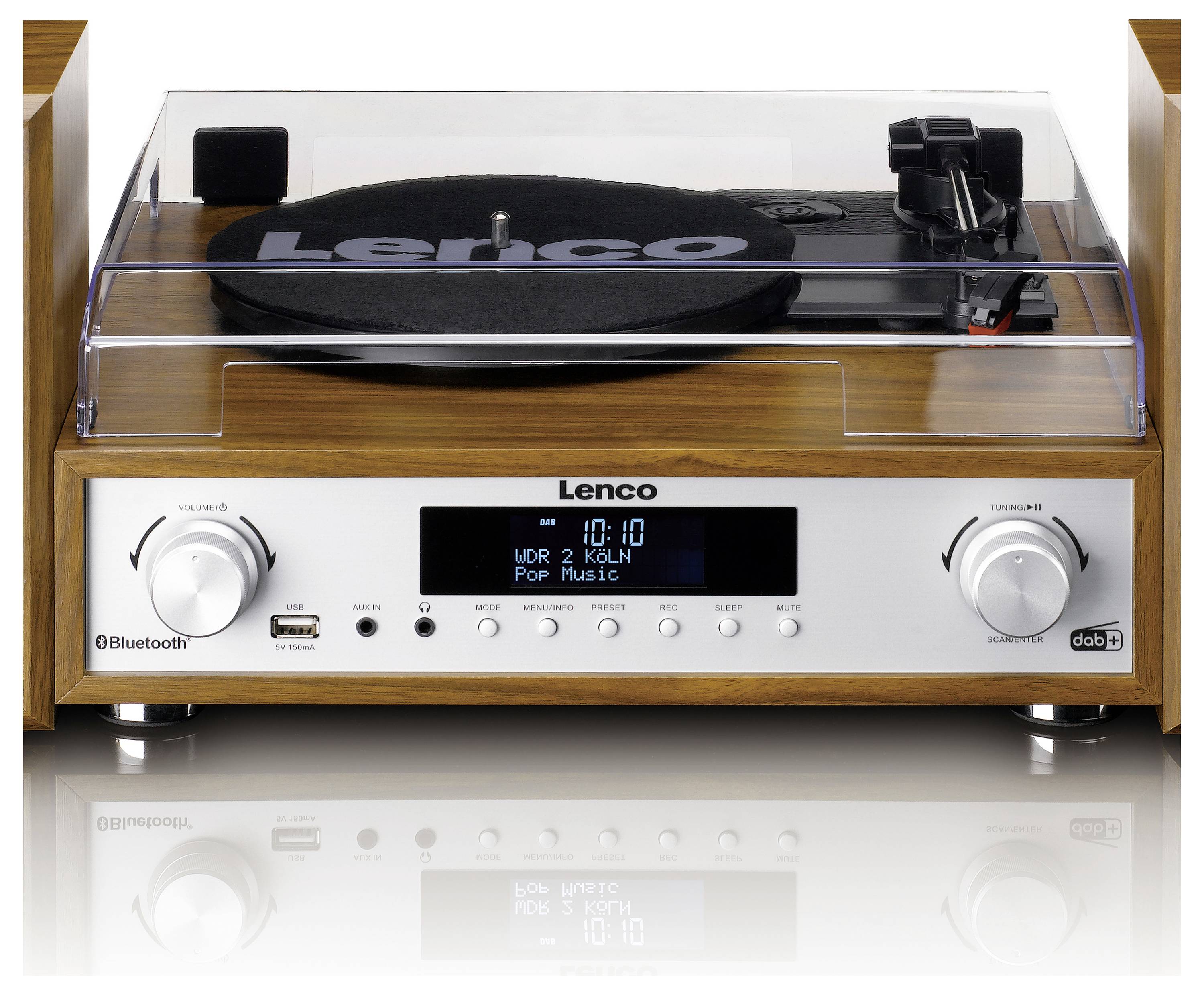 Ein Retro-Plattenspieler aus Holz mit einem eleganten Design. Auf dem Display ist die Uhrzeit 10:10 und der Radiosender 'WDR 2 Köln' zu sehen.