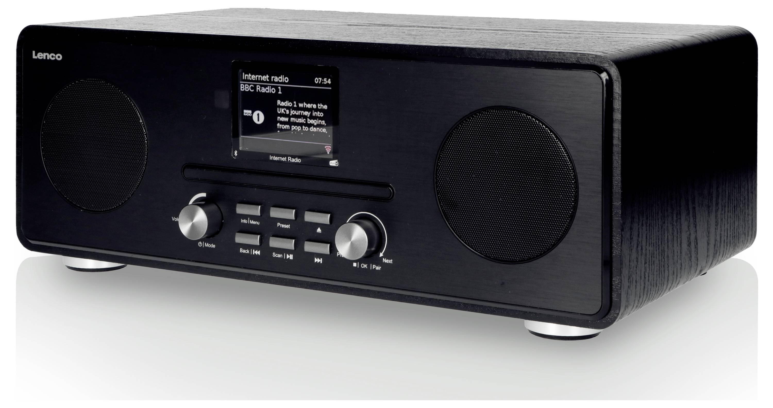 Schwarzes Tischradio mit zwei Lautsprechern, Bildschirm zeigt 'Internet Radio', mehrere Tasten und Drehknöpfe an der Vorderseite.