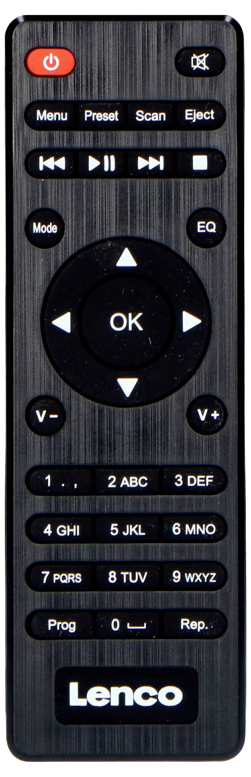 'Schwarze Lenco-Fernbedienung mit Tasten für Menü, Wiedergabe, Lautstärke, Zahlen, und Funktionen wie EQ und Modus.'