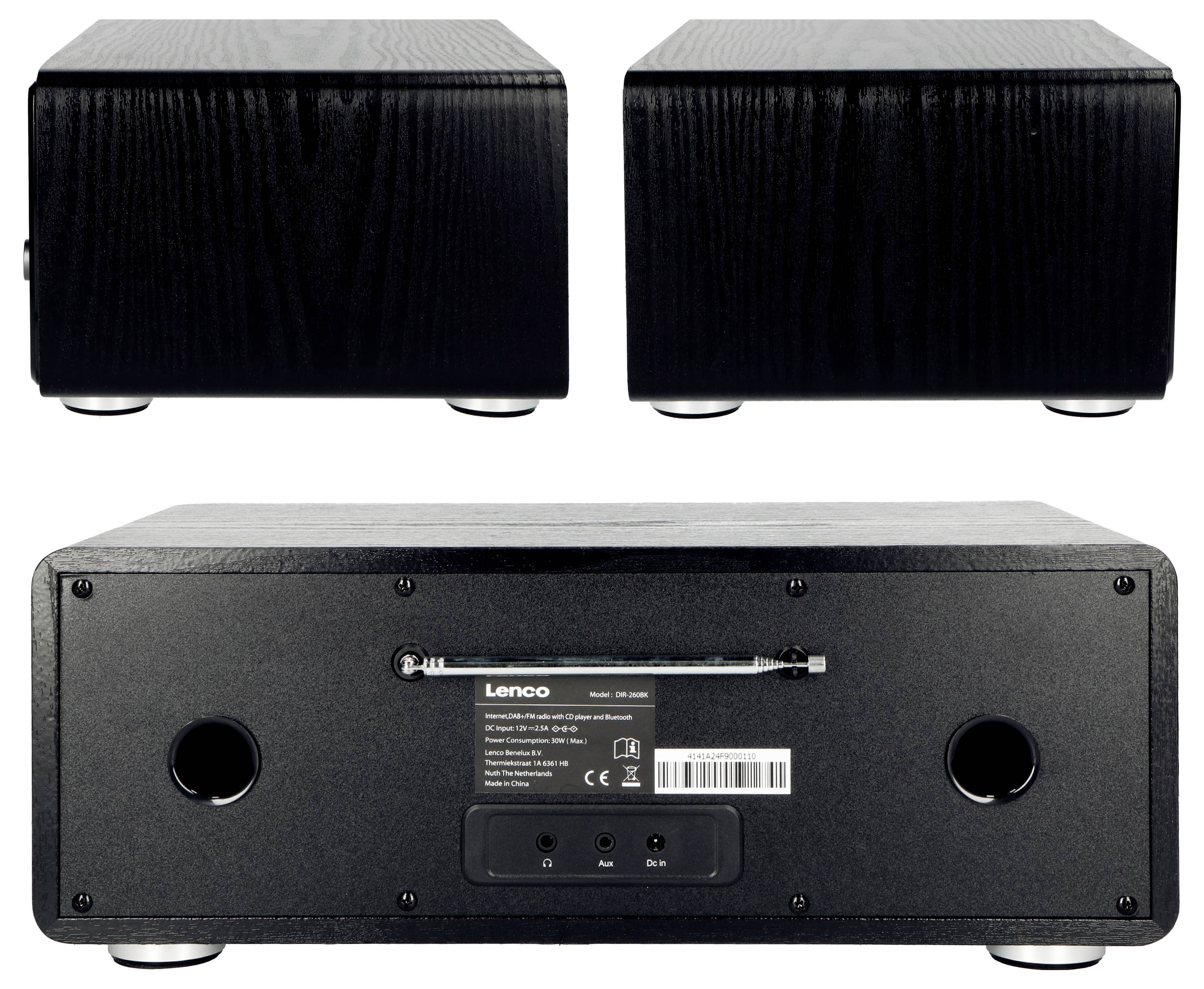 Zwei schwarze Lautsprecher für Stereo-Sound. Rückansicht zeigt Frequenzweichenanschlüsse und Marke 'Lenco'.