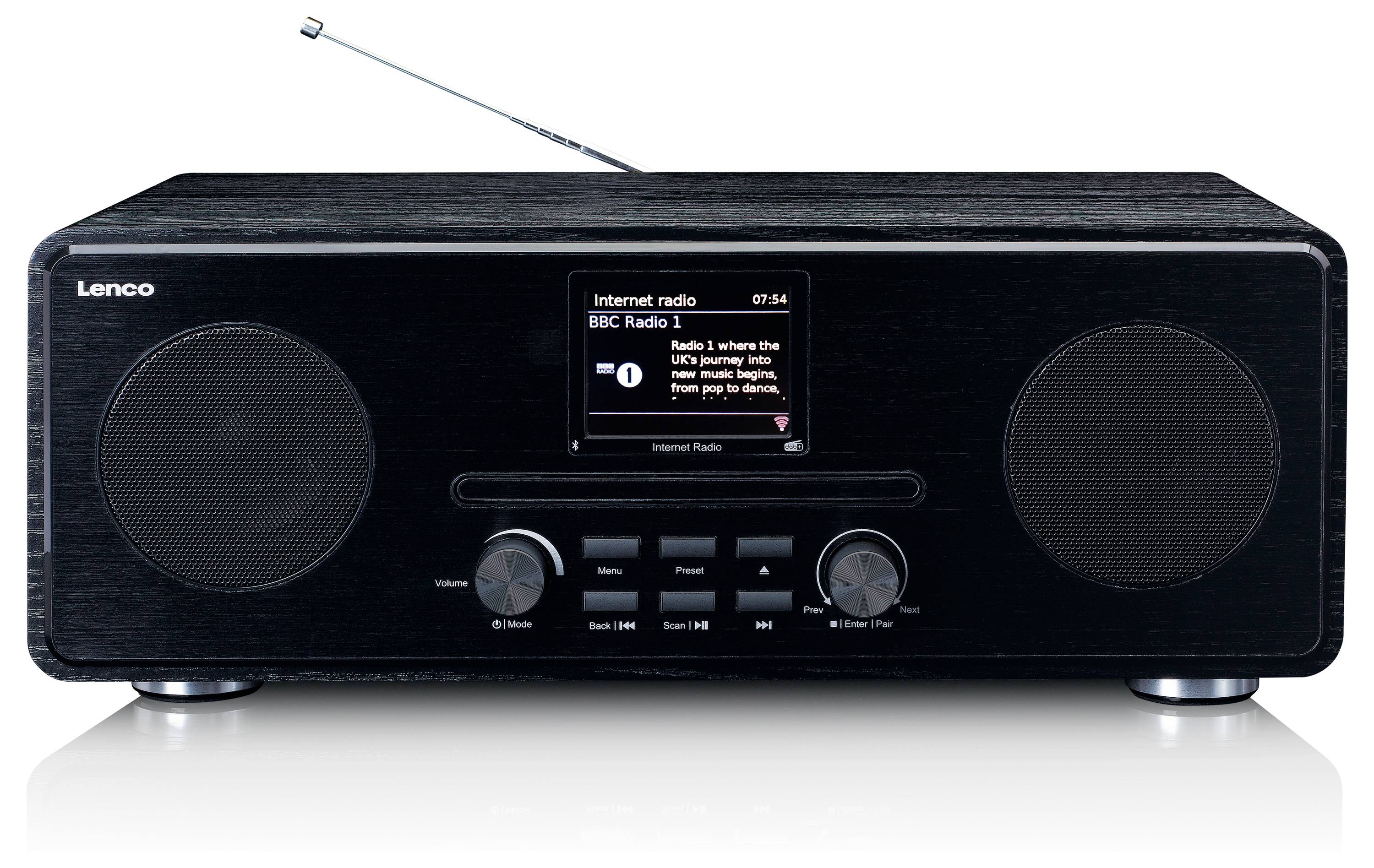 Ein schwarzes Radio mit Bildschirm zeigt 'BBC Radio 1' an. Zwei Lautsprecher sind links und rechts. Oben ragt eine Antenne heraus.