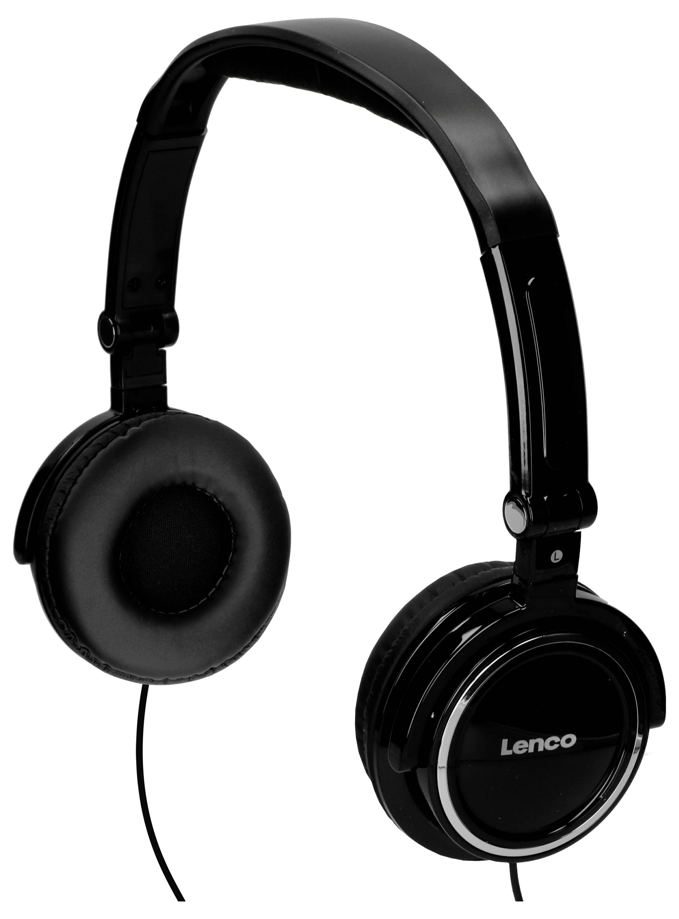 Schwarze Over-Ear-Kopfhörer der Marke Lenco, mit gepolsterten Ohrmuscheln und einem Bügel, verbunden durch ein Kabel.