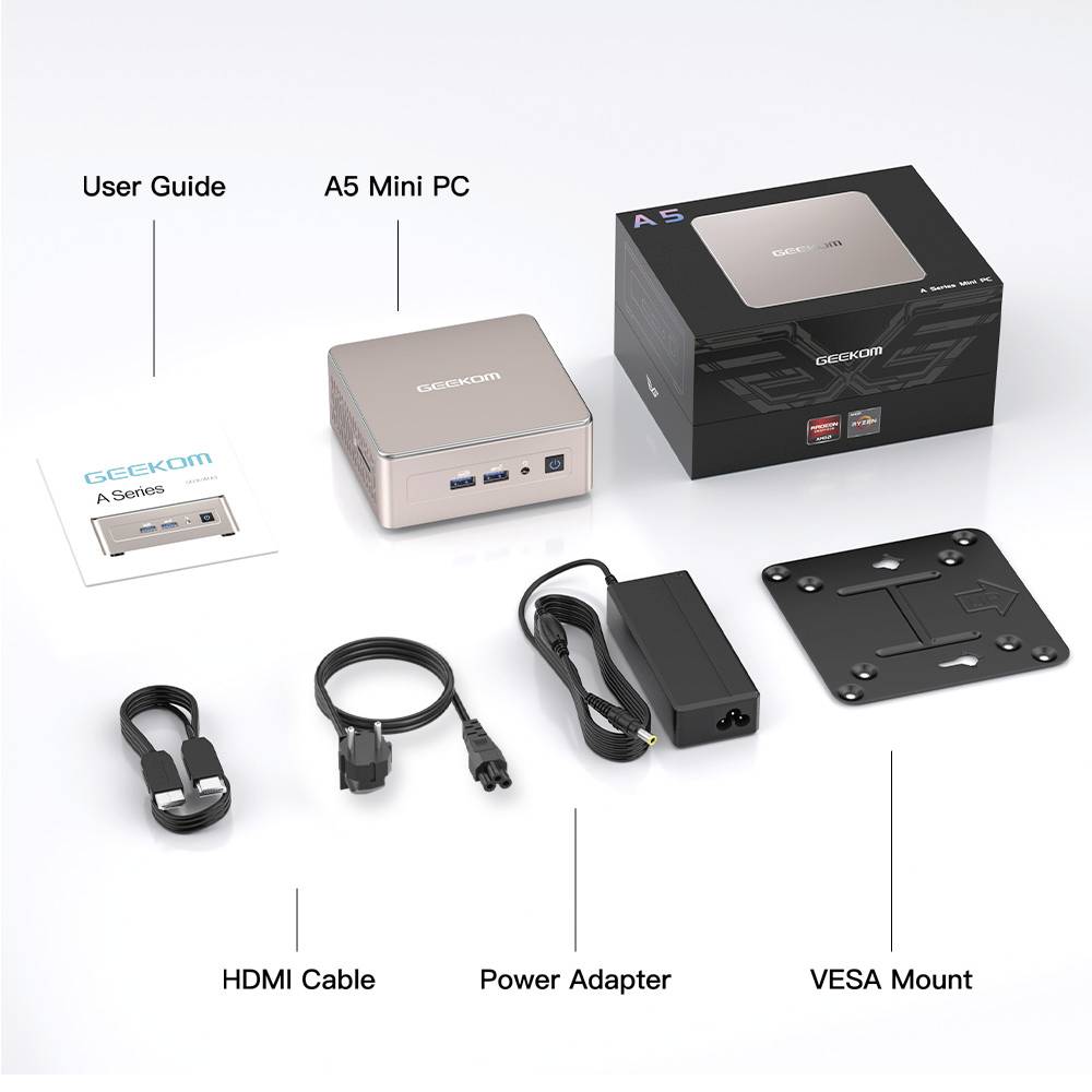 GEEKOM Mini PC A5 AMD Ryzen 5 7430U 4.3 GHz 8 GB RAM 256 GB SSD