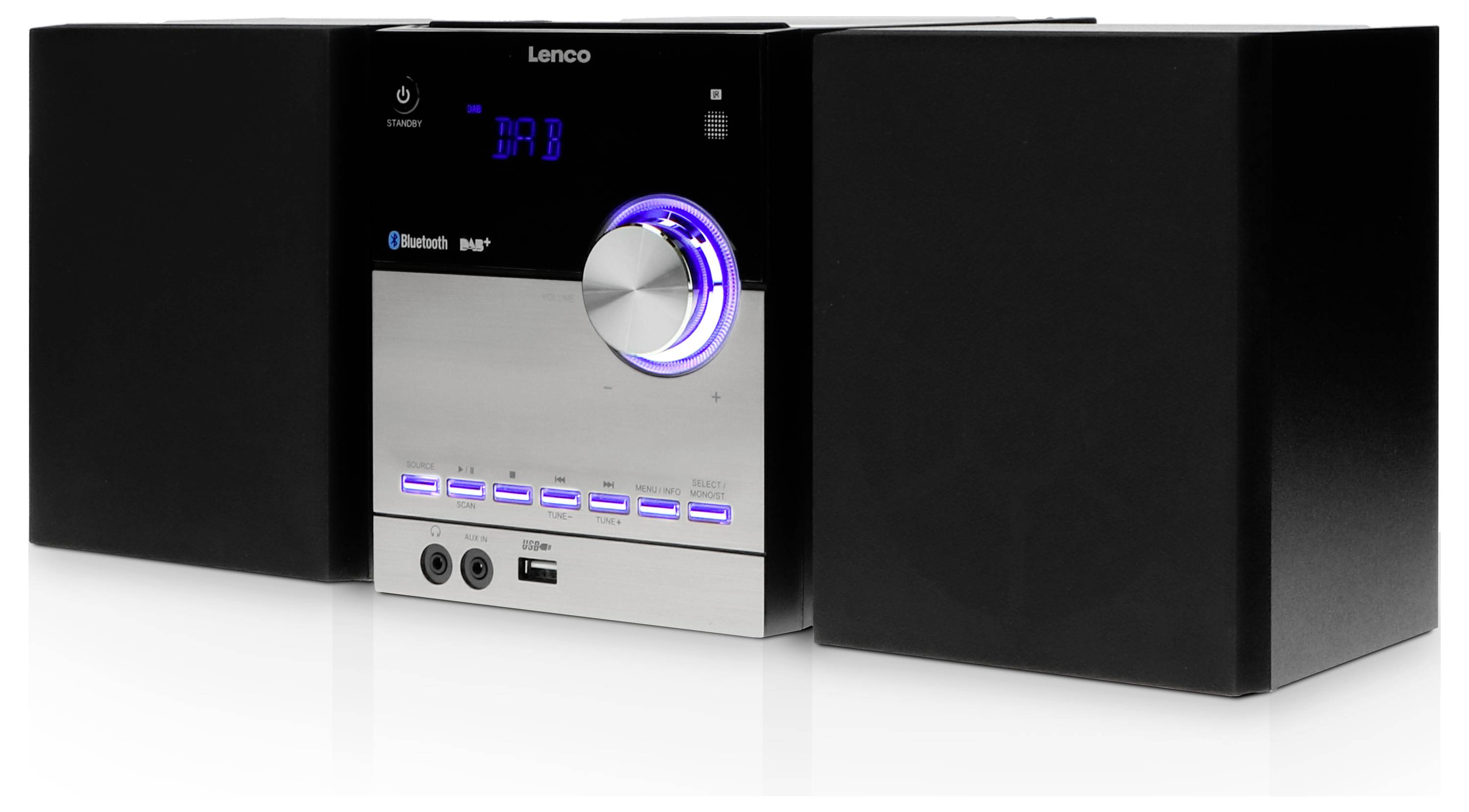 Kompakte Stereoanlage mit zwei Lautsprechern, silbernem Bedienfeld und blau beleuchtetem Lautstärkeregler, unterstützt Bluetooth.
