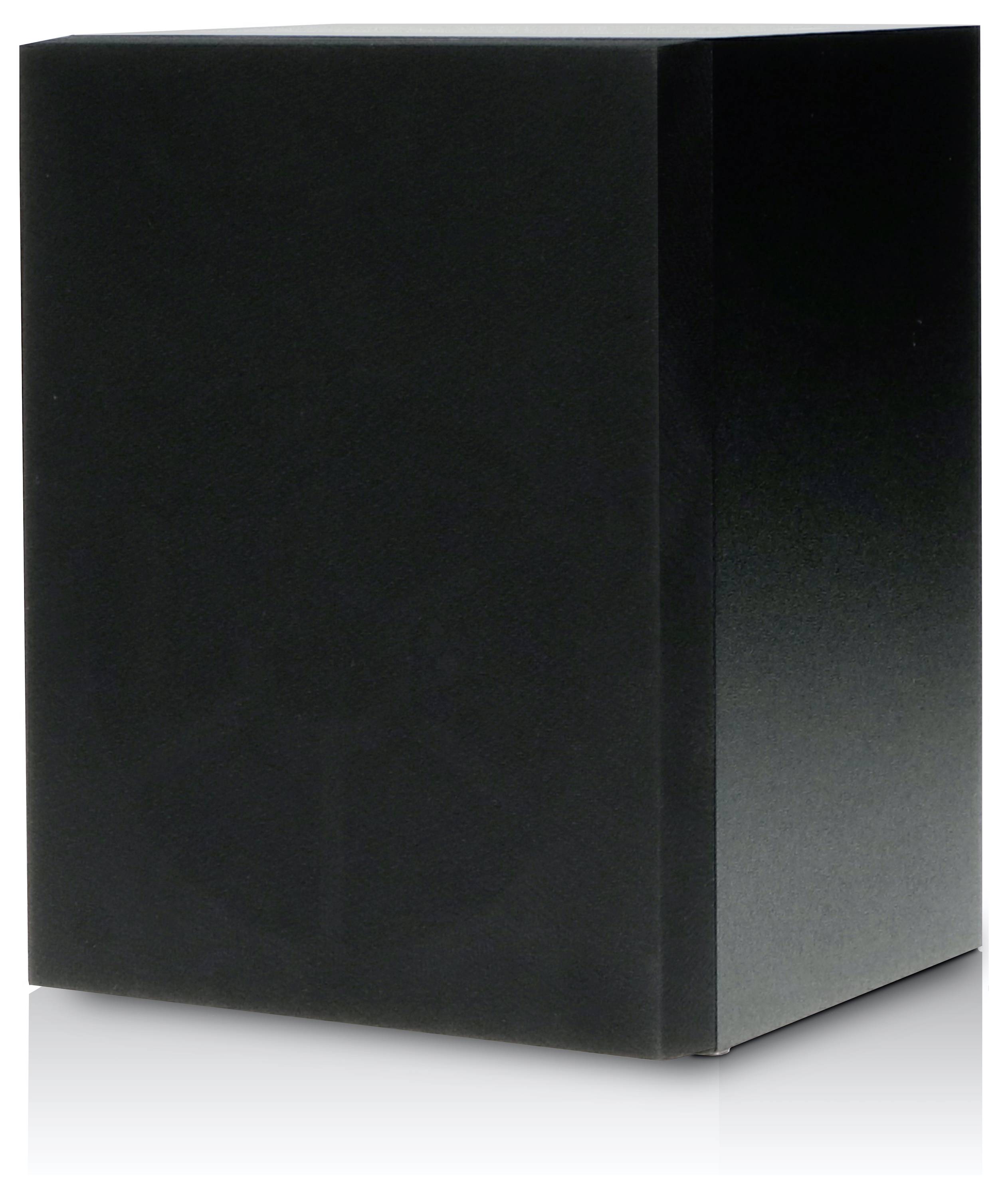 Ein schwarzes, rechteckiges Objekt vor weißem Hintergrund.