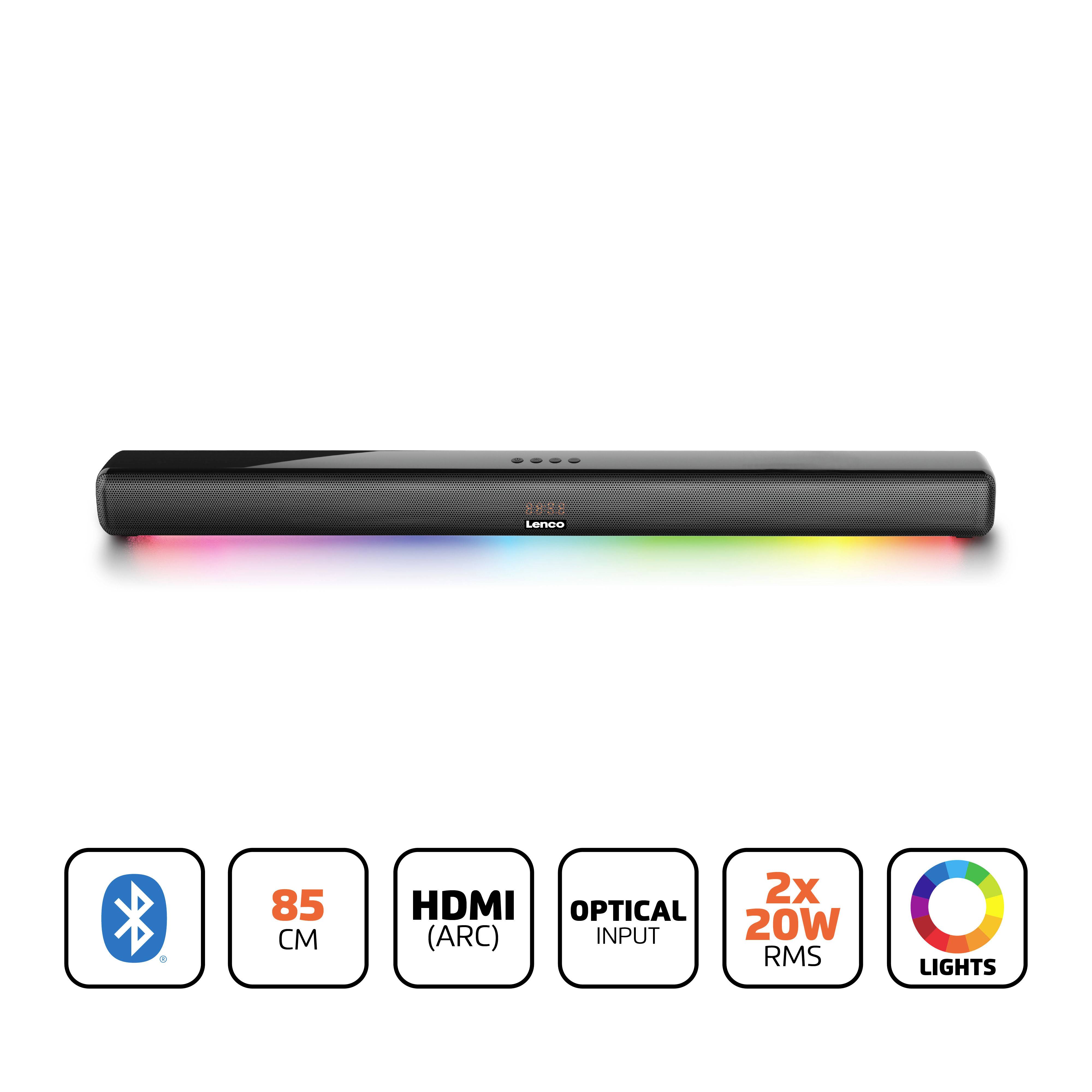 Schwarze Soundbar mit 85 cm Länge, Bluetooth, HDMI (ARC), optischem Eingang, 2x 20W RMS und LED-Beleuchtung, diverse Symbole darunter.