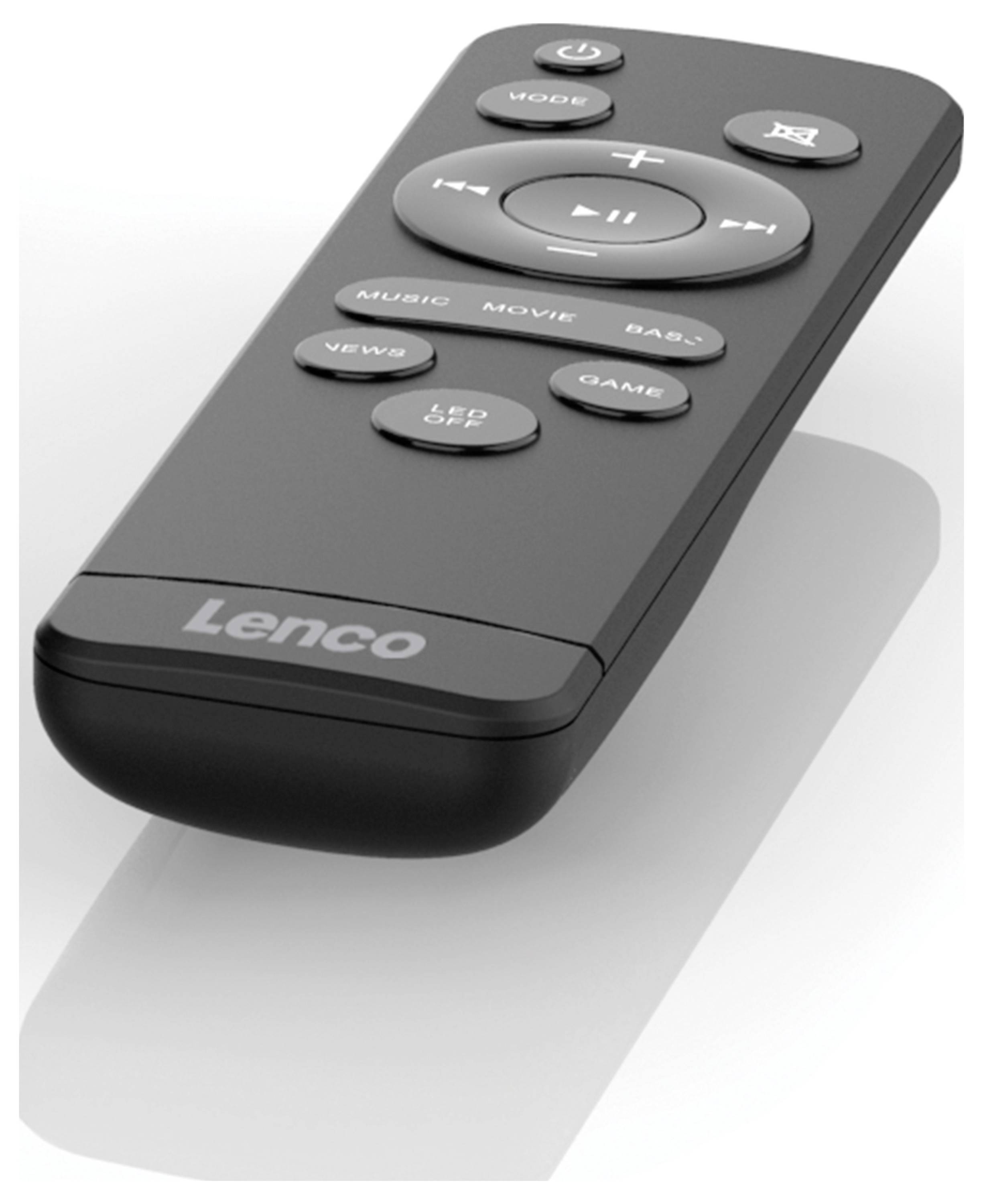Schwarze Fernbedienung von Lenco mit Tasten für Musik, Film, Spiel, Lautstärke und Wiedergabe; zielt auf Audio-/Videosteuerung.