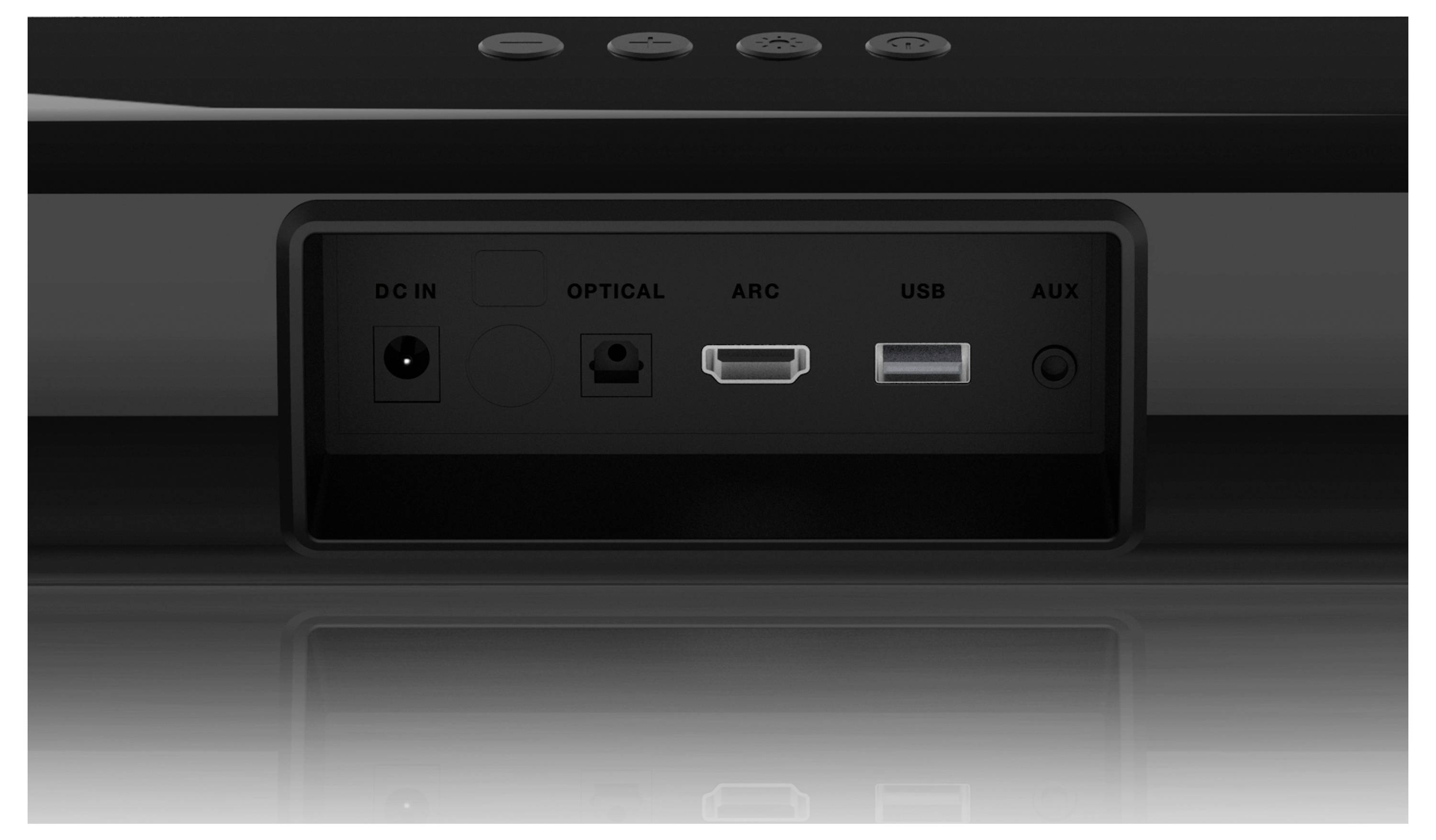 'Rückseite einer Soundbar mit Anschlüssen: DC IN, Optical, ARC, USB, AUX.'