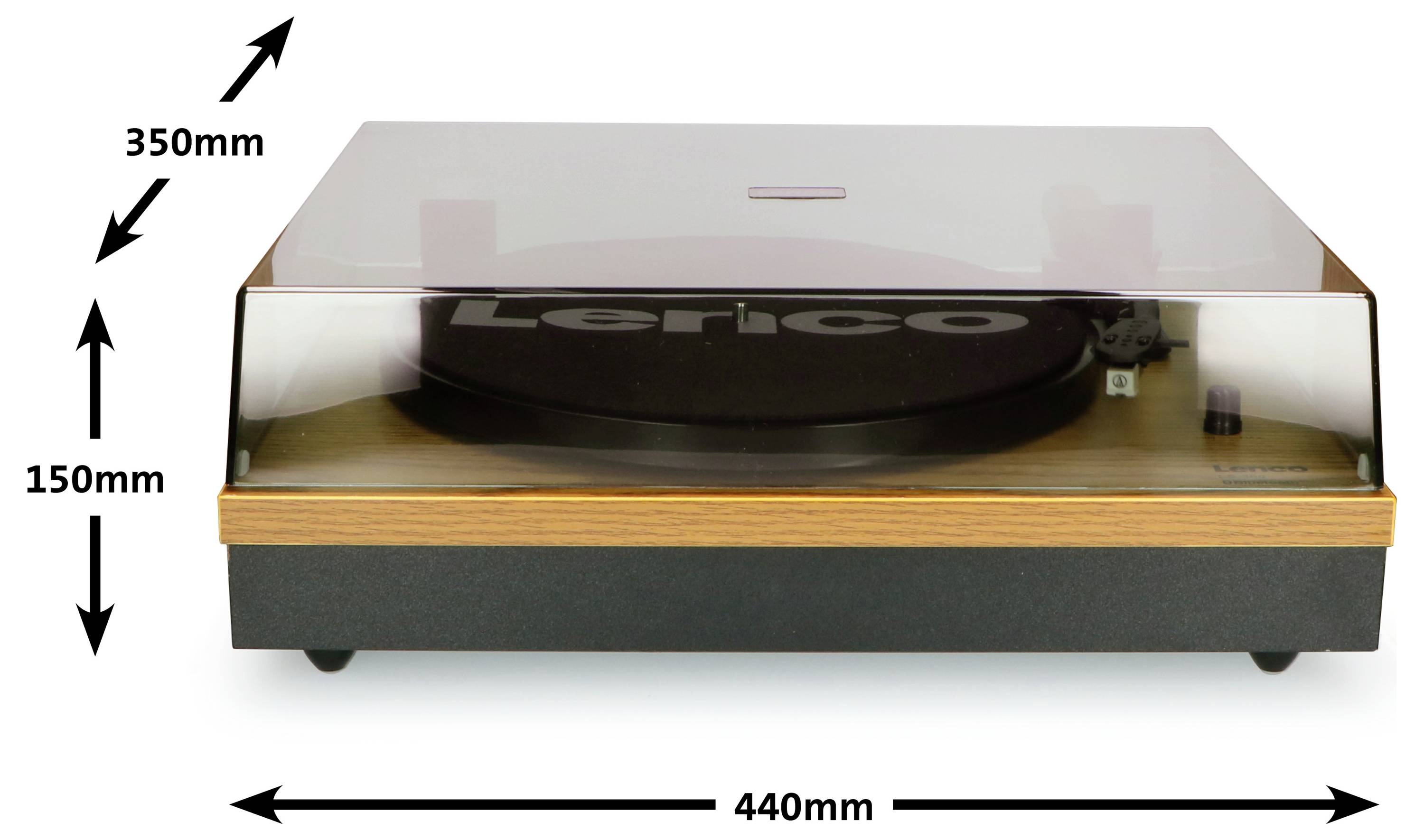 'Plattenspieler mit durchsichtiger Abdeckung, Maße: 350mm x 150mm x 440mm.'
