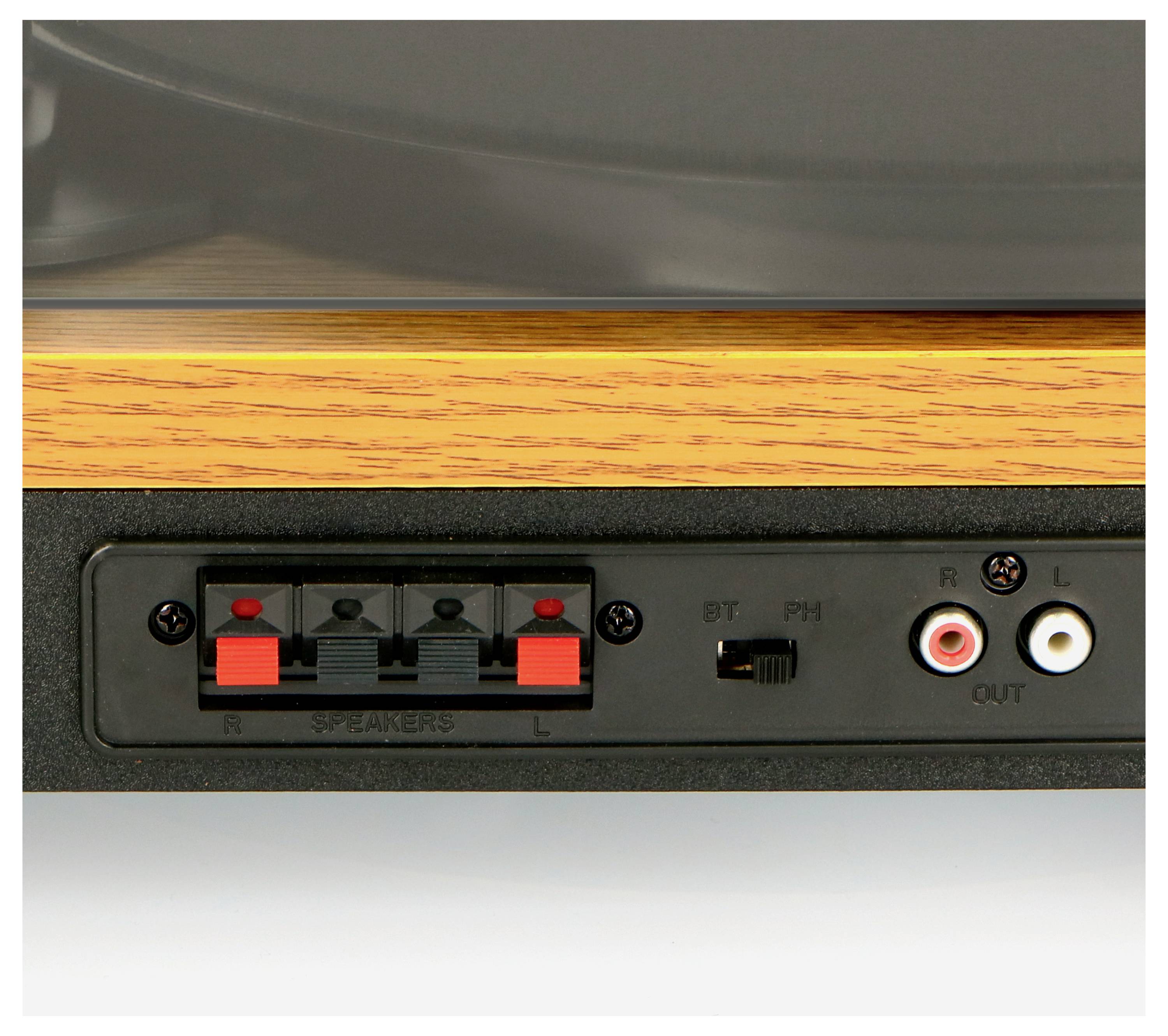 Rückseite eines Plattenspielers mit Anschlüssen für Lautsprecher, Bluetooth-Schalter, Phono/Line-Auswahlschalter und RCA-Ausgänge.