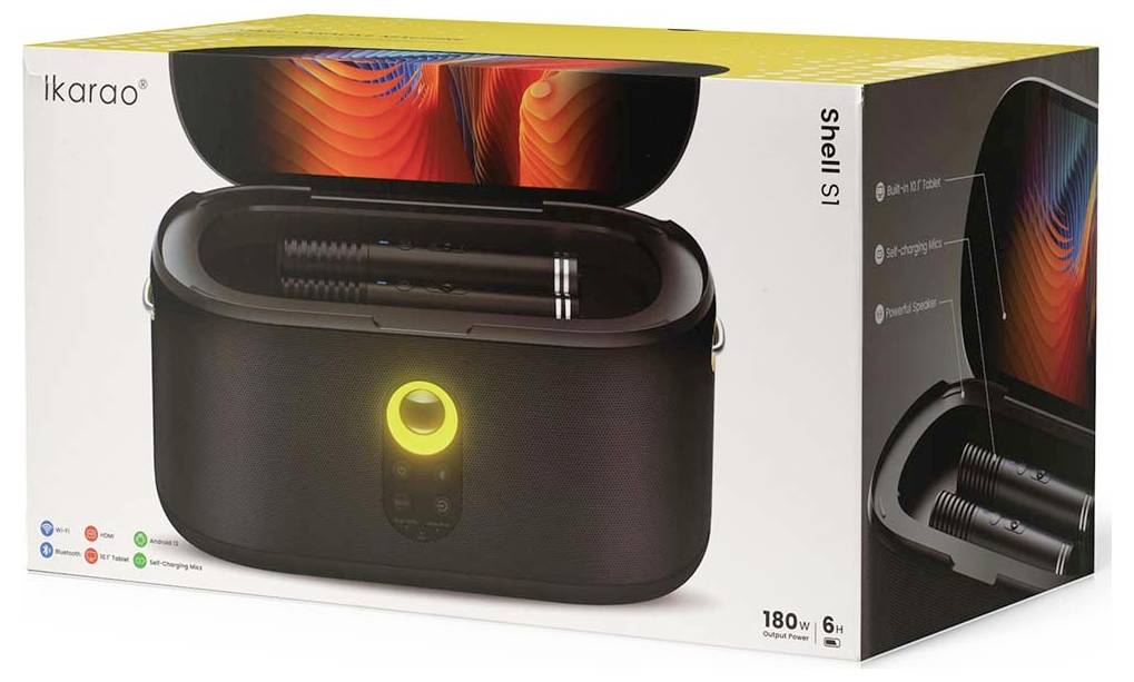 'ikaroo Shell S1' drahtlose Ohrhörer-Ladeetui mit LED-Anzeige, abgebildet auf der Produktverpackung. Geeignet für 6 Stunden Nutzung, 180V.